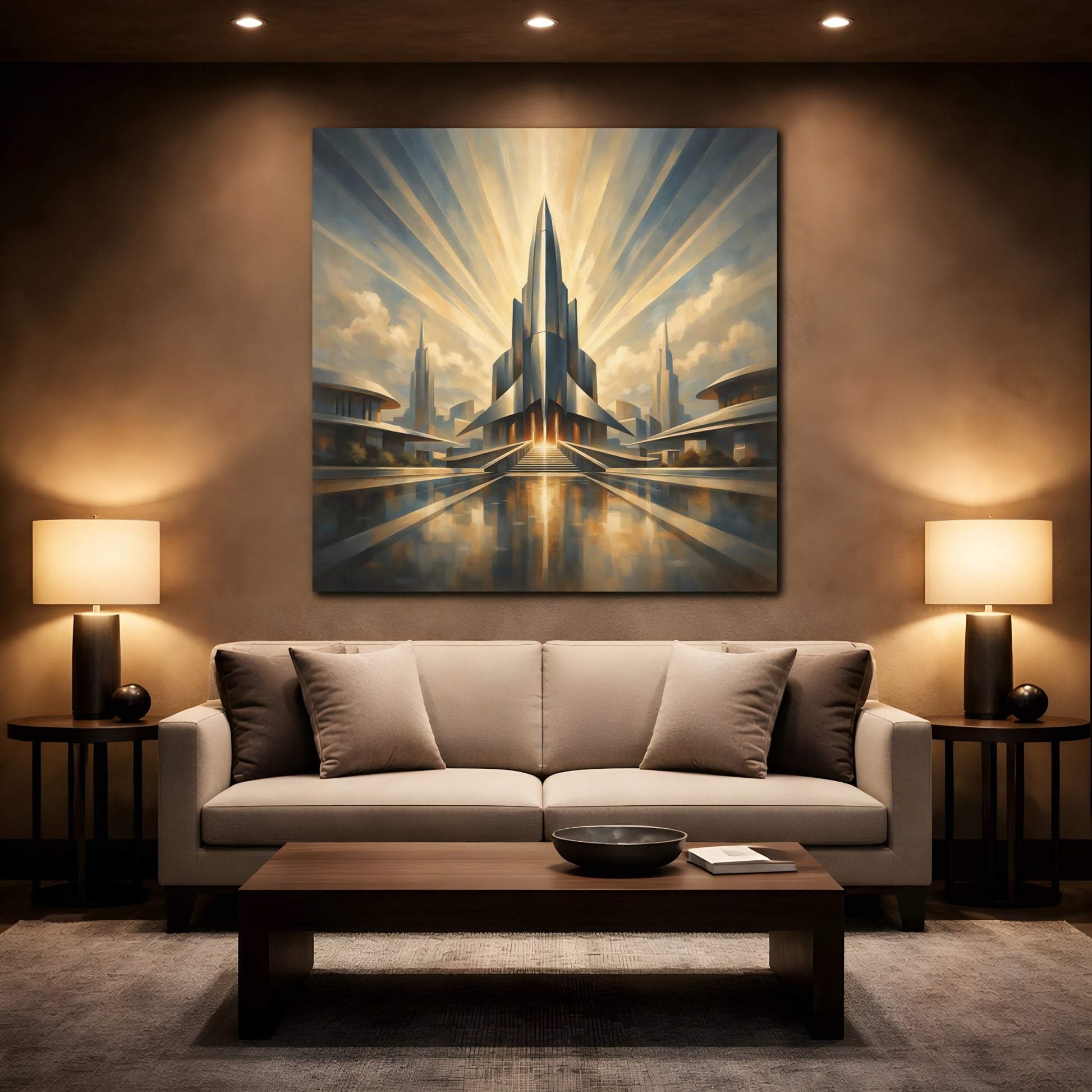 Mockup 2. Science Fiction Futuristic City Gold And Blue shown as stretched canvas wall art