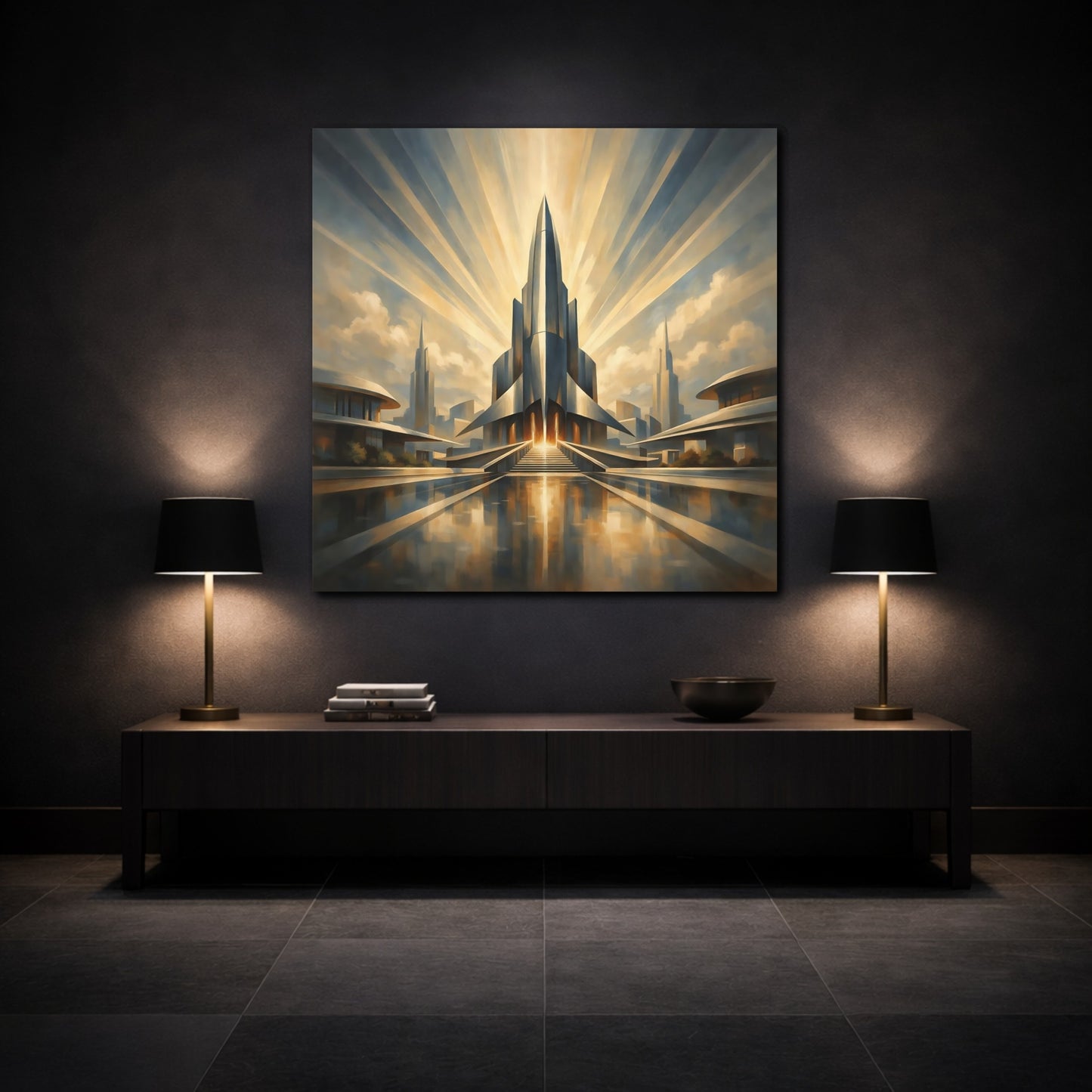 Mockup 3. Science Fiction Futuristic City Gold And Blue shown as stretched canvas wall art