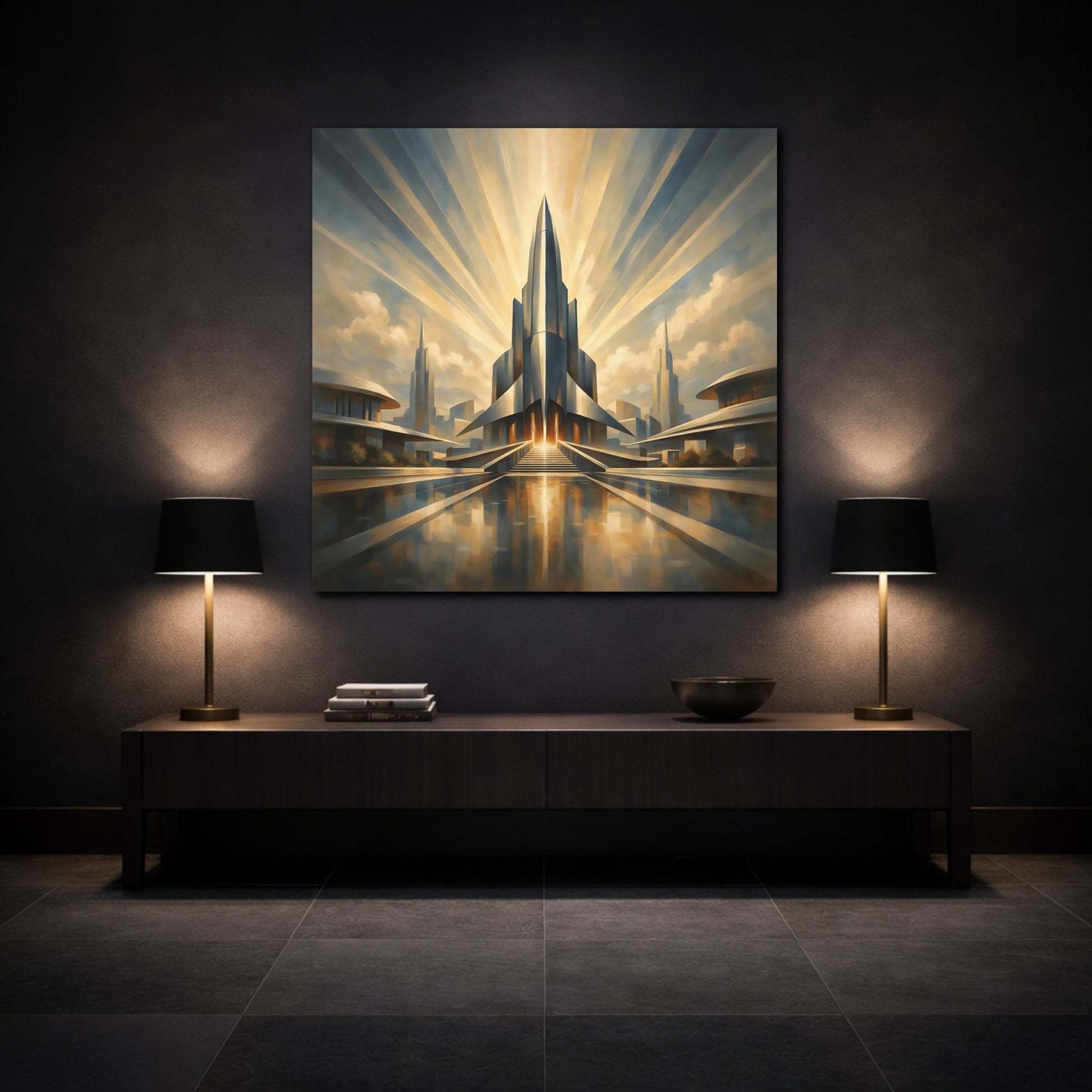 Mockup 3. Science Fiction Futuristic City Gold And Blue shown as stretched canvas wall art