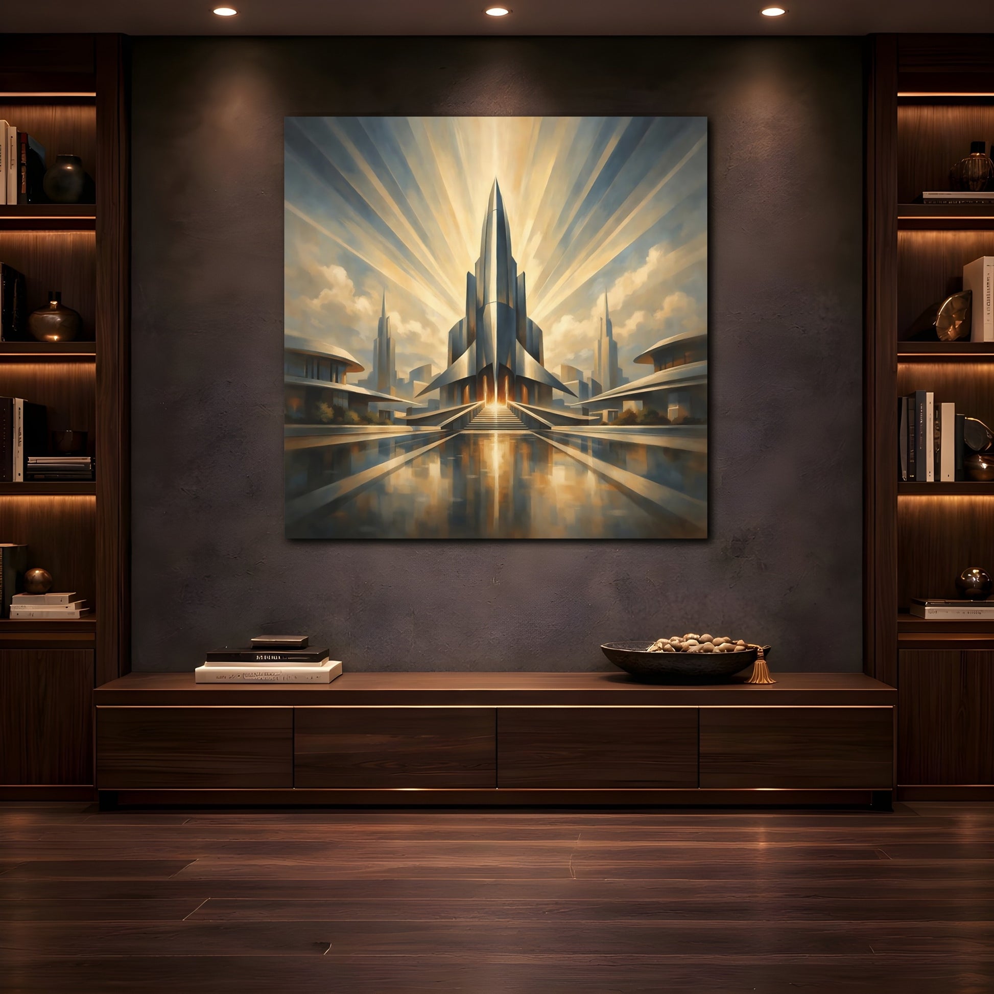 Mockup 4. Science Fiction Futuristic City Gold And Blue shown as stretched canvas wall art
