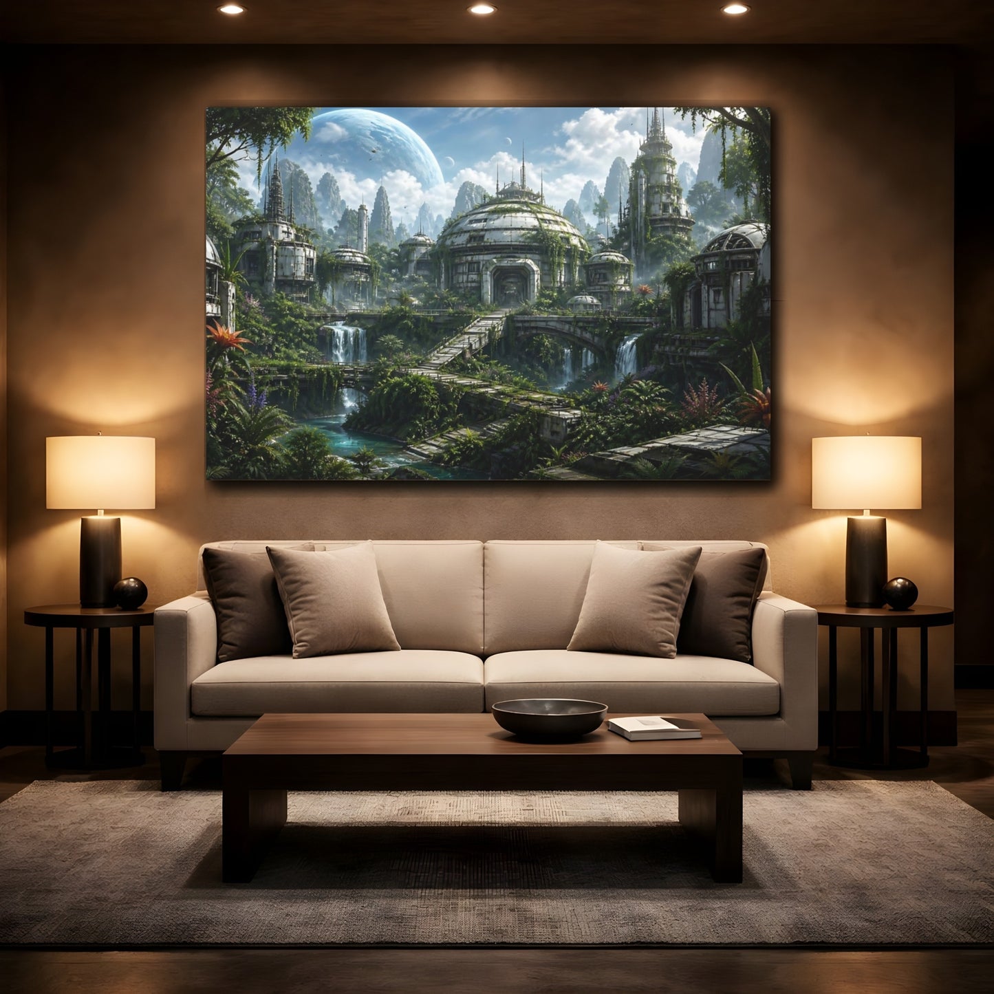 Mockup 2. Science Fiction Futuristic City Green And Blue shown as stretched canvas wall art