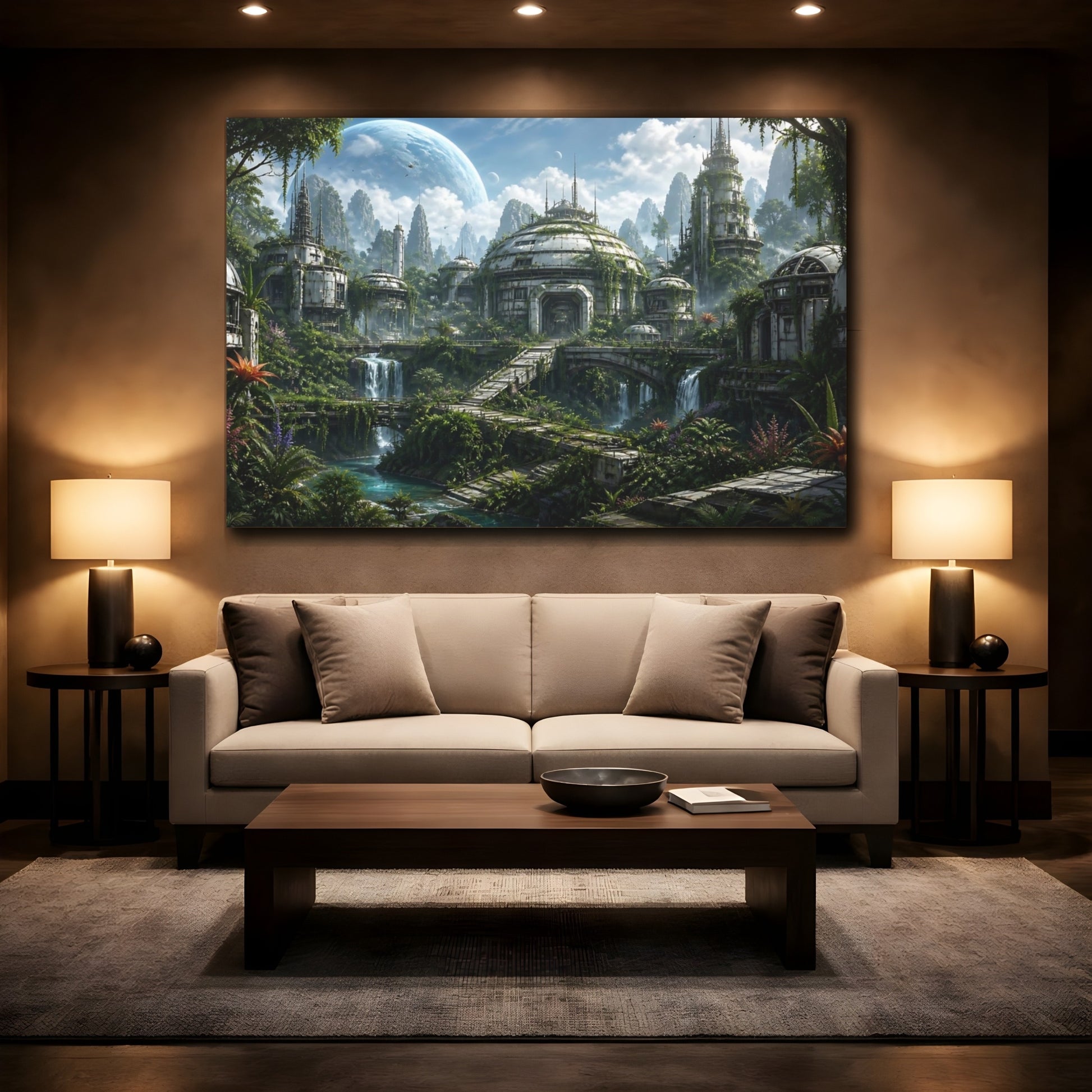 Mockup 2. Science Fiction Futuristic City Green And Blue shown as stretched canvas wall art
