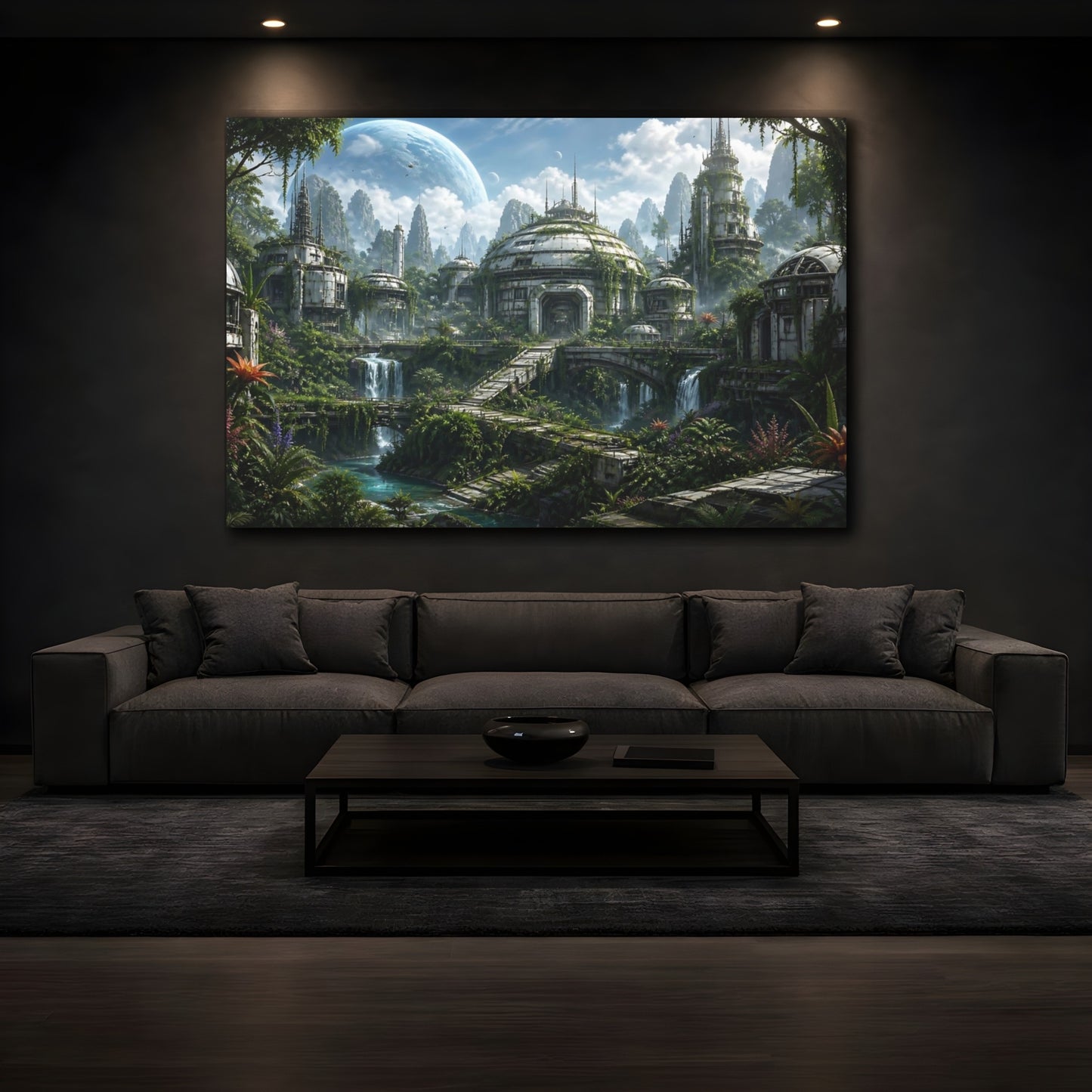 Mockup 3. Science Fiction Futuristic City Green And Blue shown as stretched canvas wall art