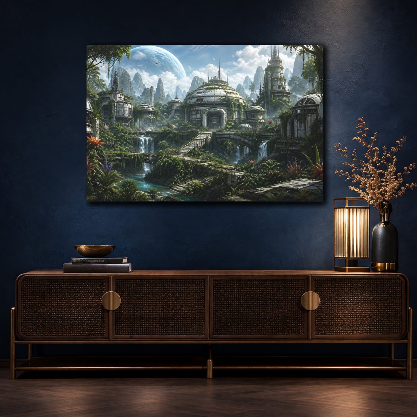 Mockup 4. Science Fiction Futuristic City Green And Blue shown as stretched canvas wall art