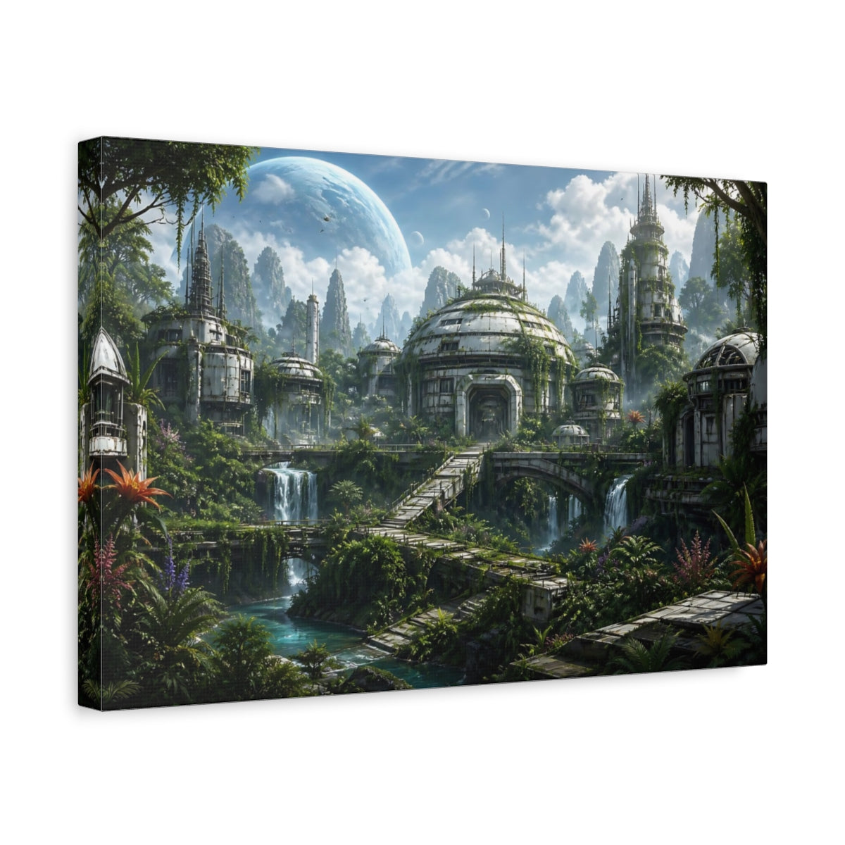 Side Mockup 4. Science Fiction Futuristic City Green And Blue shown as stretched canvas wall art