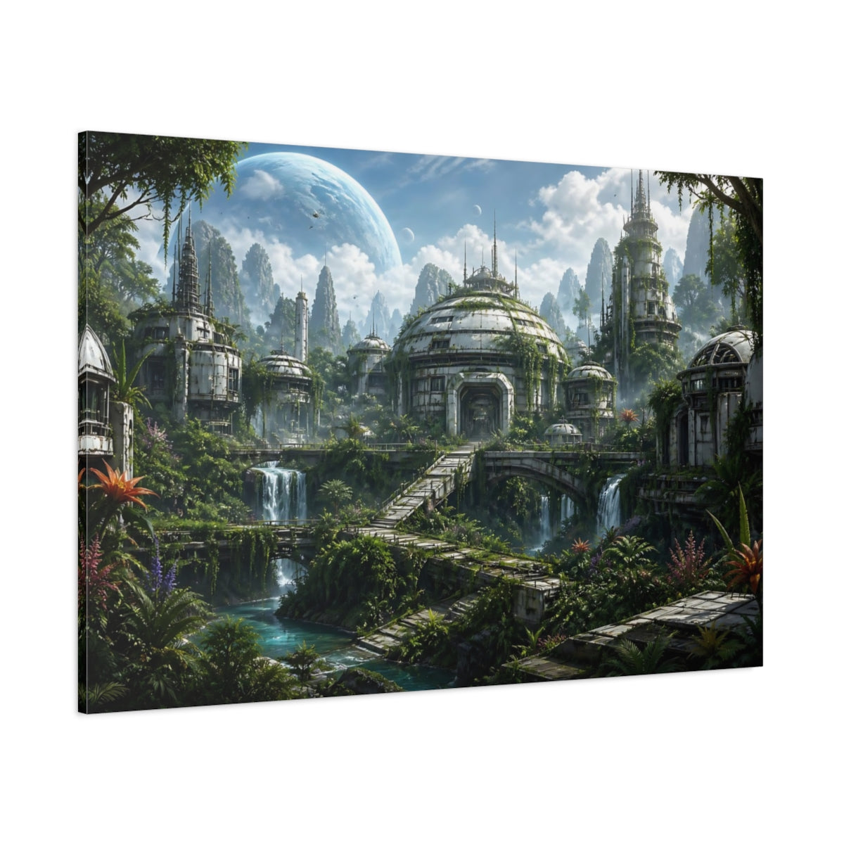 Side Mockup 1. Science Fiction Futuristic City Green And Blue shown as stretched canvas wall art