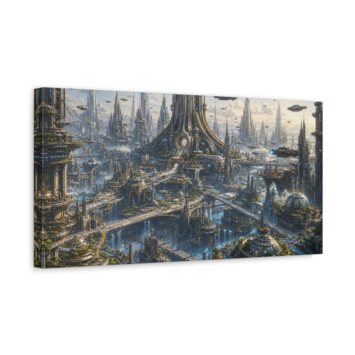 Side Mockup 3. Science Fiction Futuristic City Futuristic Metropolis shown as stretched canvas wall art