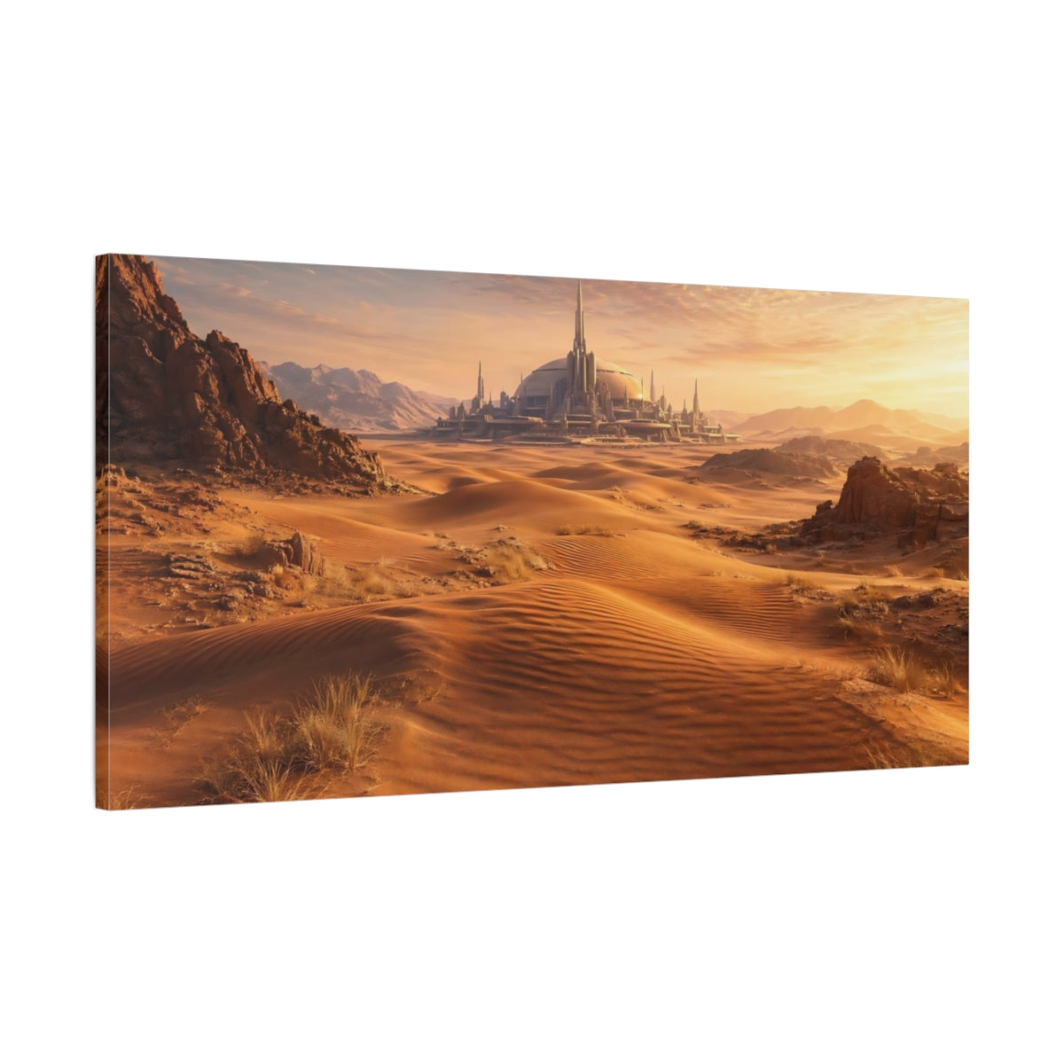 Main Mockup. Science Fiction Futuristic City Orange And Brown shown as stretched canvas wall art