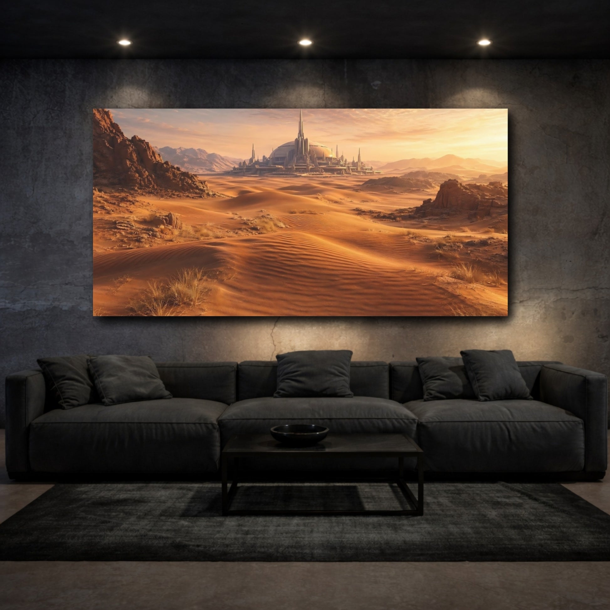 Mockup 2. Science Fiction Futuristic City Orange And Brown shown as stretched canvas wall art