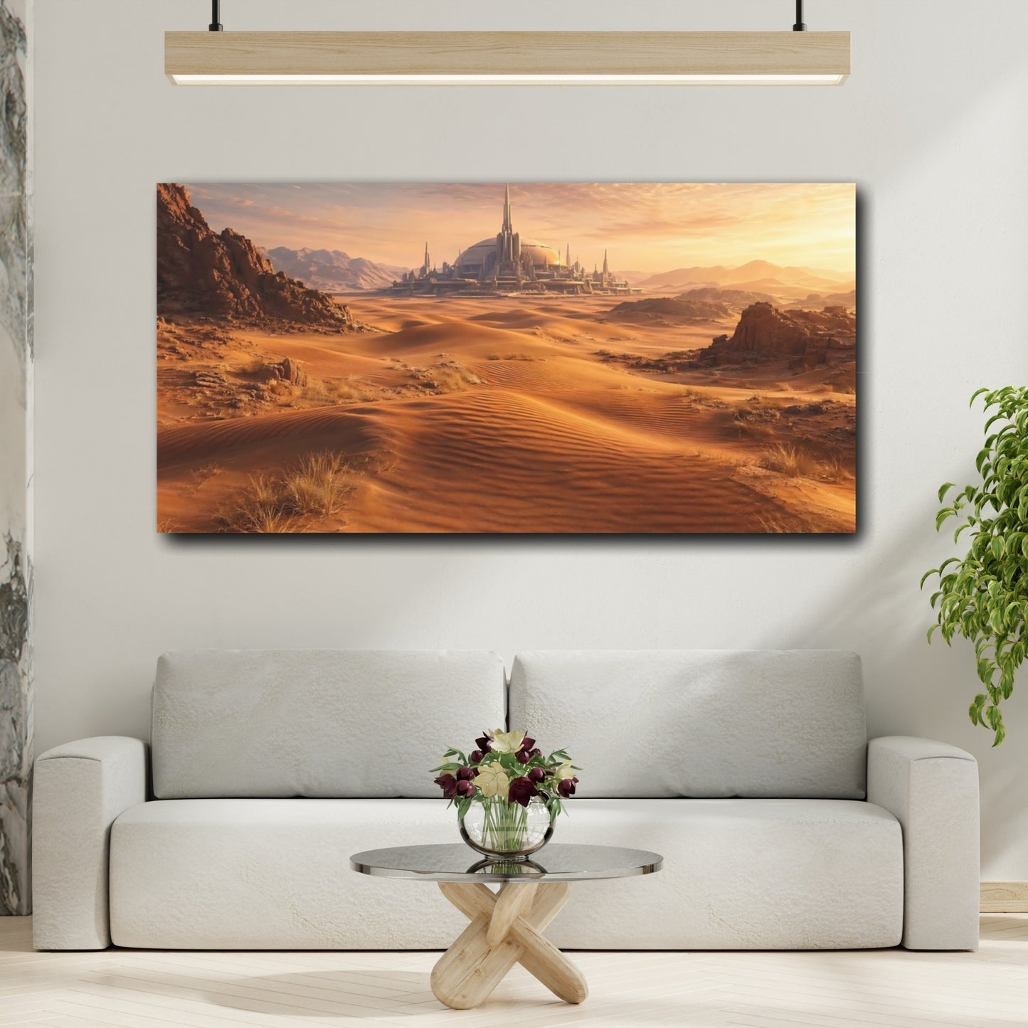 Mockup 3. Science Fiction Futuristic City Orange And Brown shown as stretched canvas wall art