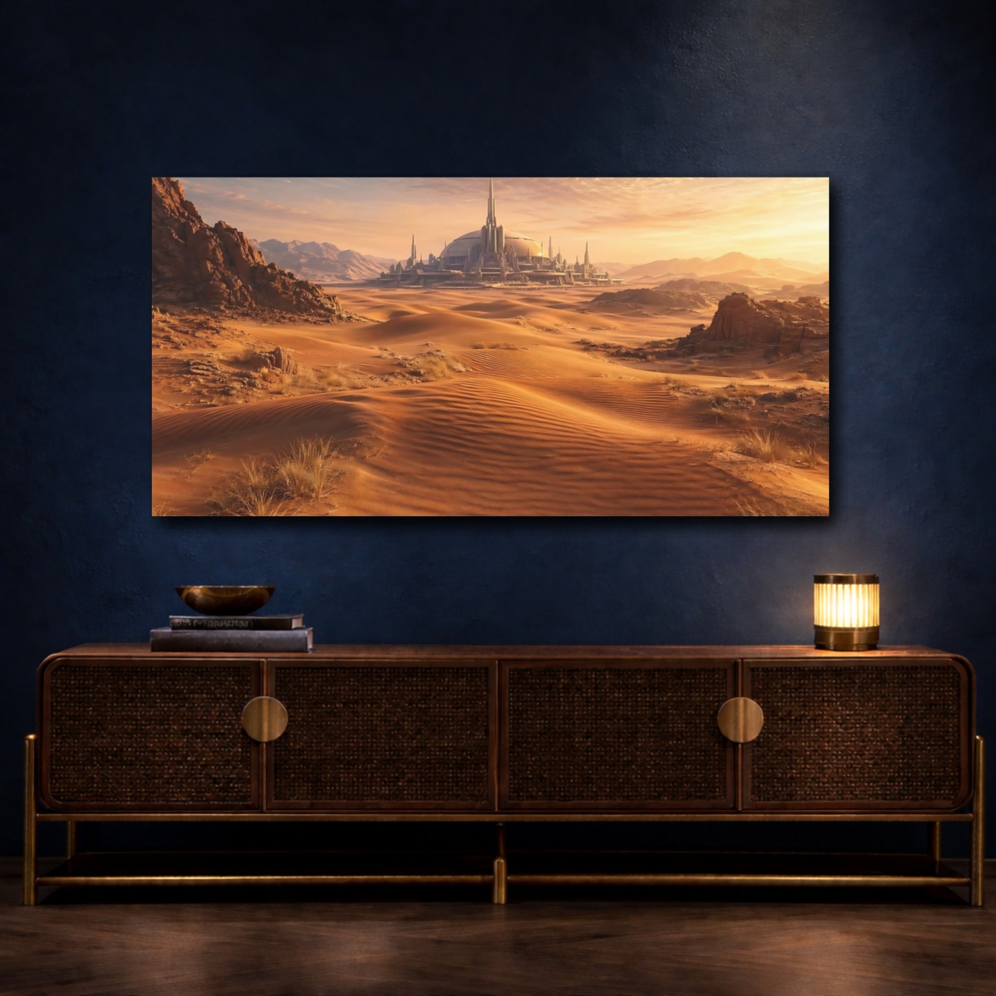 Mockup 4. Science Fiction Futuristic City Orange And Brown shown as stretched canvas wall art
