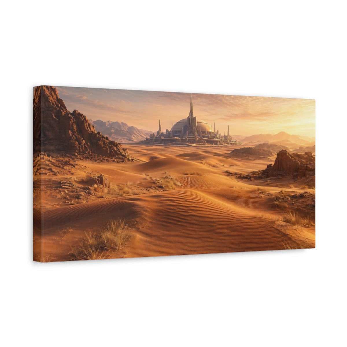 Side Mockup 3. Science Fiction Futuristic City Orange And Brown shown as stretched canvas wall art