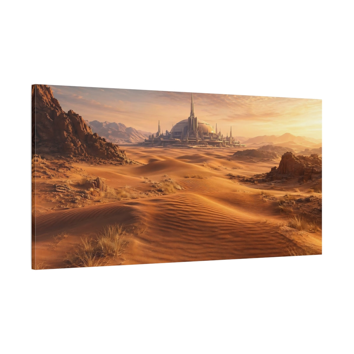 Side Mockup 2. Science Fiction Futuristic City Orange And Brown shown as stretched canvas wall art