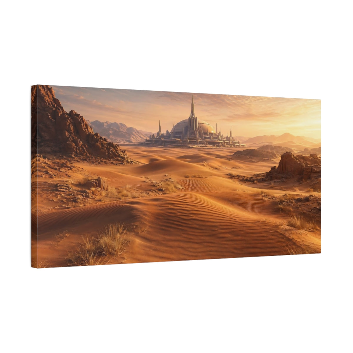 Side Mockup 1. Science Fiction Futuristic City Orange And Brown shown as stretched canvas wall art