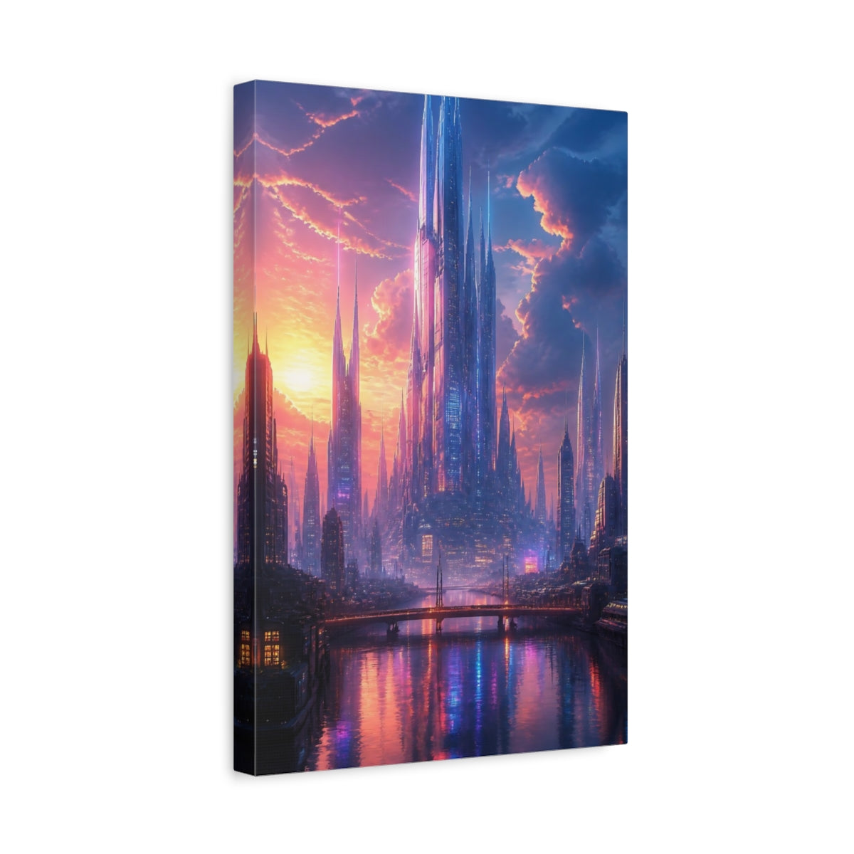Side Mockup 4. Science Fiction Futuristic City Purple And Orange City shown as stretched canvas wall art
