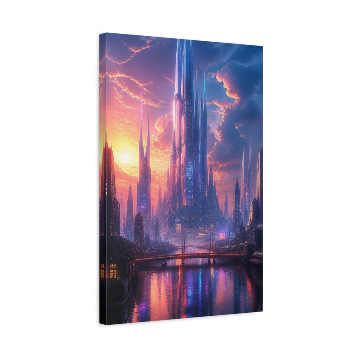 Side Mockup 3. Science Fiction Futuristic City Purple And Orange City shown as stretched canvas wall art