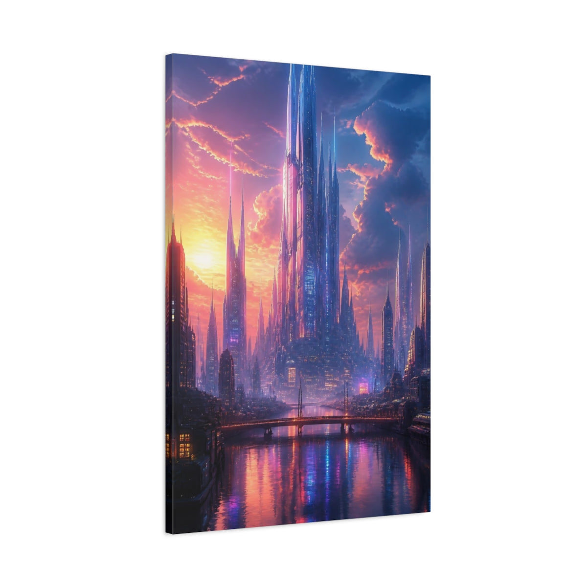 Main Mockup. Science Fiction Futuristic City Purple And Orange City shown as stretched canvas wall art