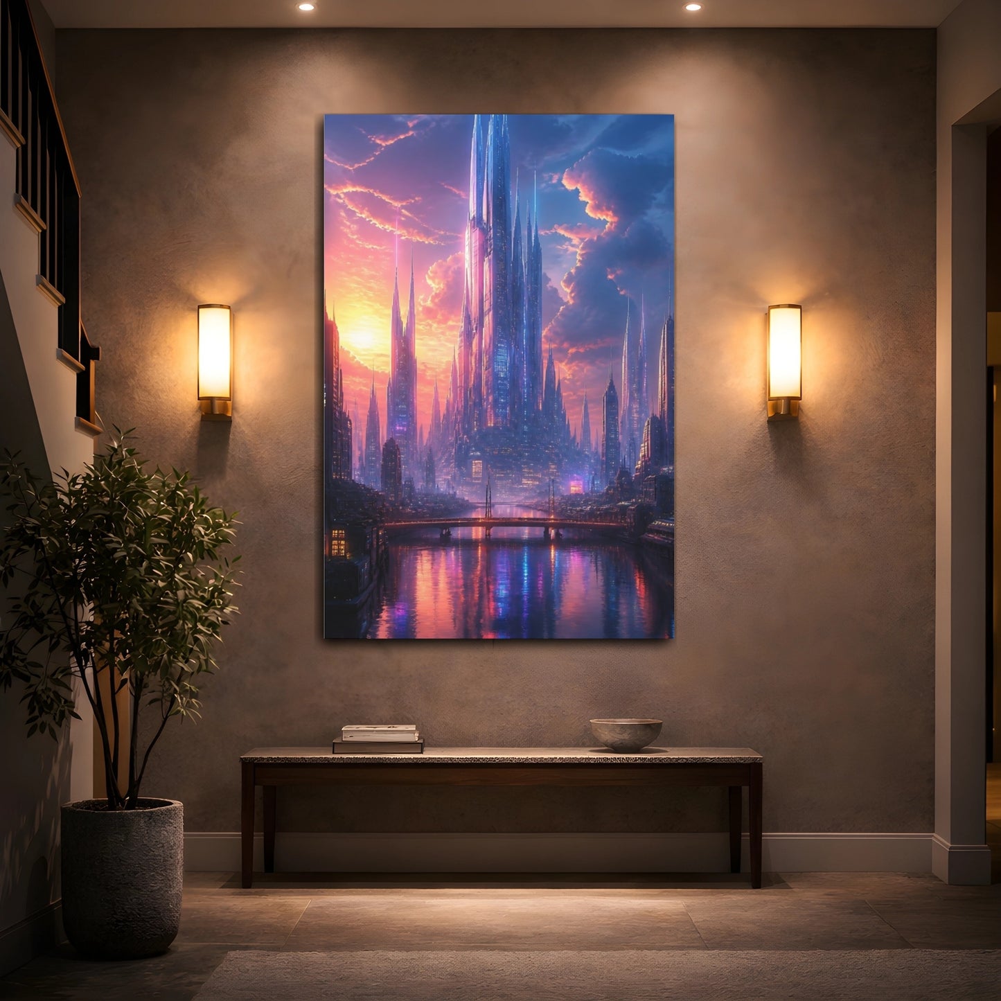 Mockup 2. Science Fiction Futuristic City Purple And Orange City shown as stretched canvas wall art