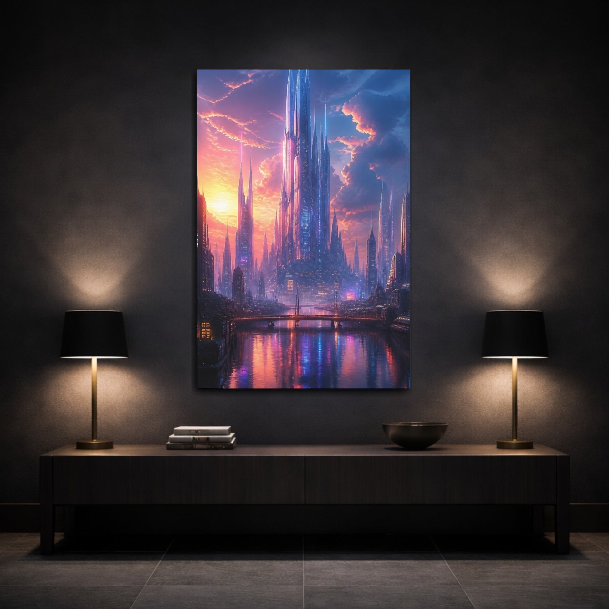 Mockup 3. Science Fiction Futuristic City Purple And Orange City shown as stretched canvas wall art
