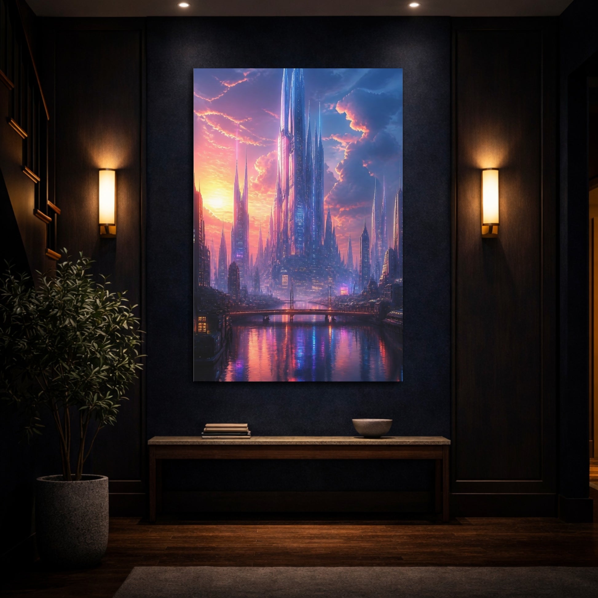 Mockup 4. Science Fiction Futuristic City Purple And Orange City shown as stretched canvas wall art