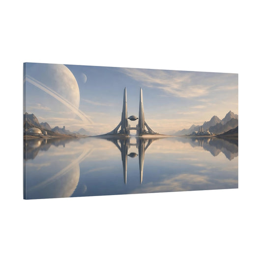 Main Mockup. Science Fiction Futuristic Cityscape Blue And Beige shown as stretched canvas wall art
