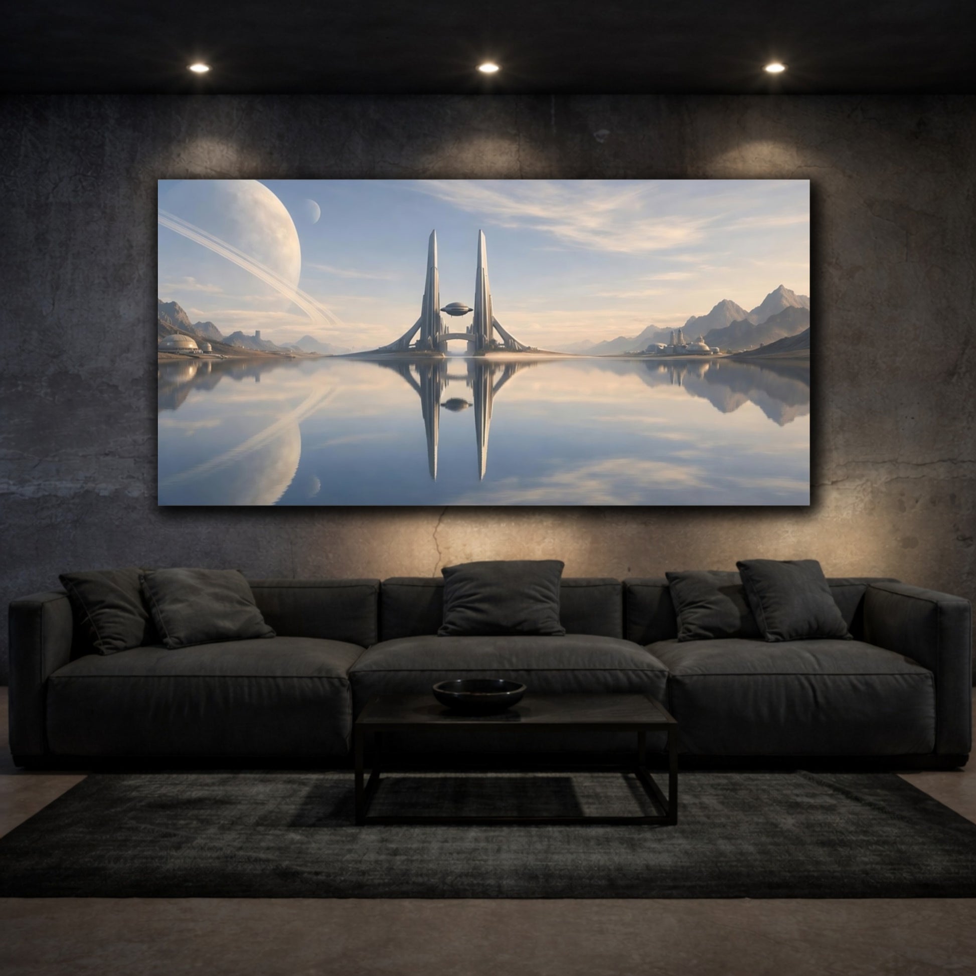 Mockup 2. Science Fiction Futuristic Cityscape Blue And Beige shown as stretched canvas wall art