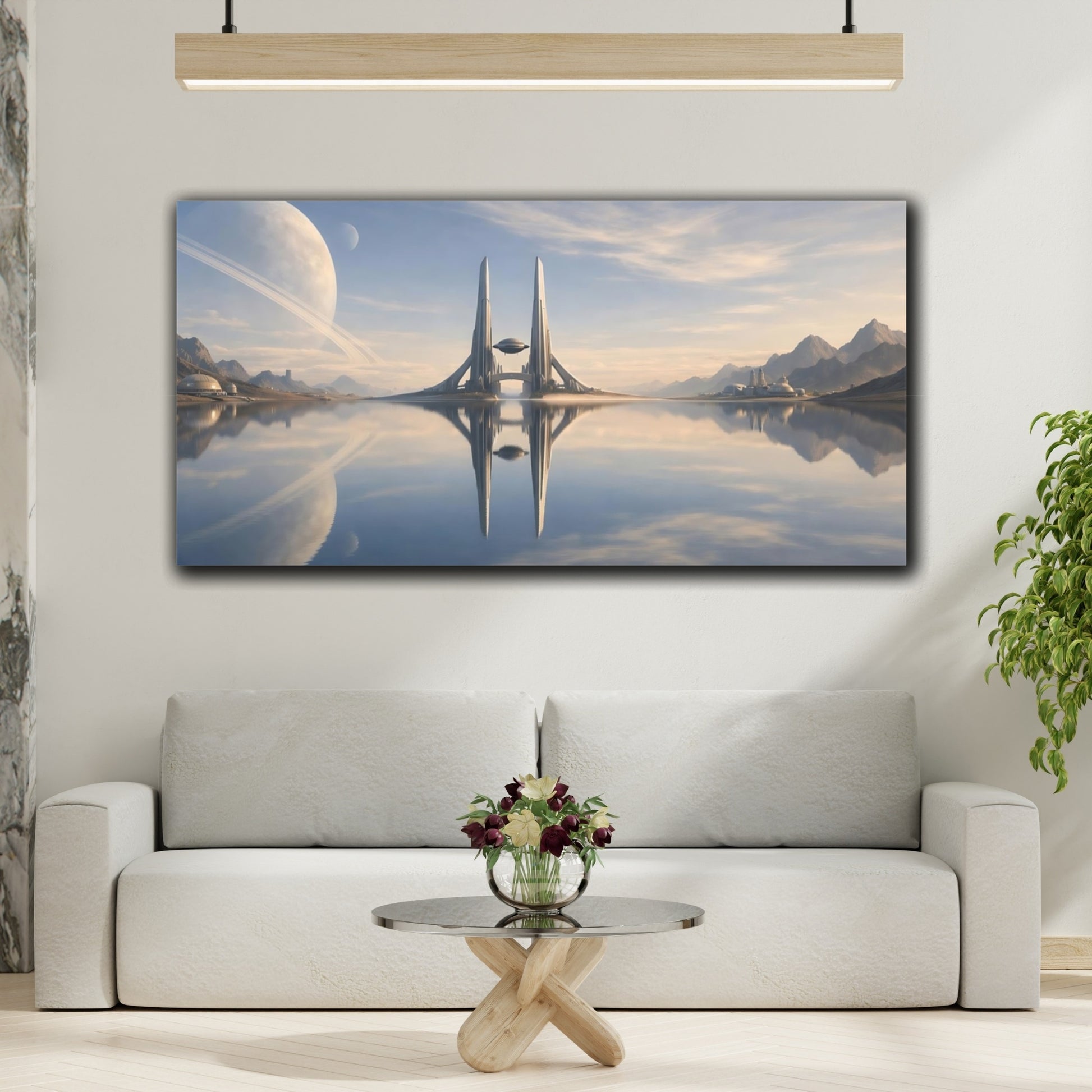 Mockup 3. Science Fiction Futuristic Cityscape Blue And Beige shown as stretched canvas wall art