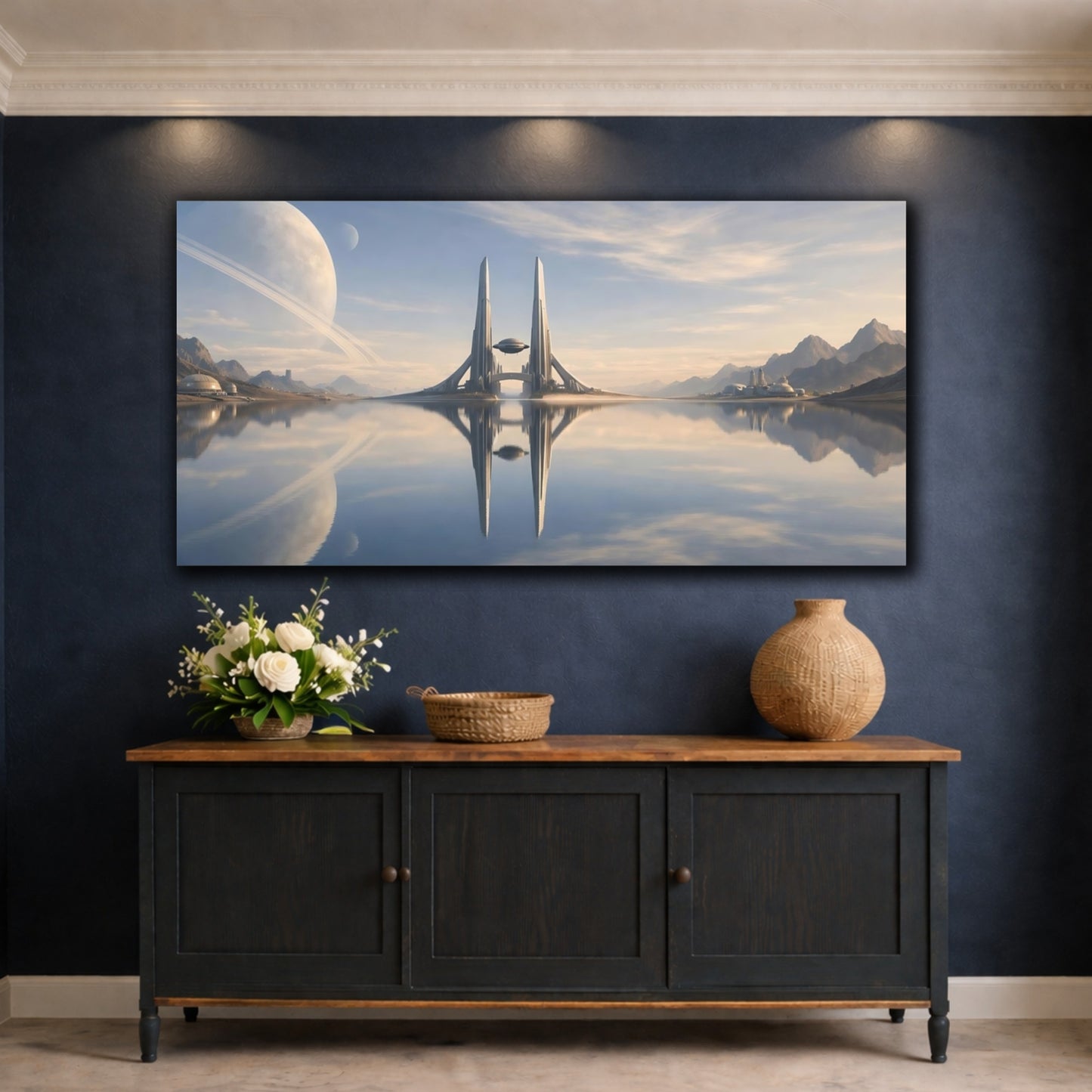 Mockup 4. Science Fiction Futuristic Cityscape Blue And Beige shown as stretched canvas wall art