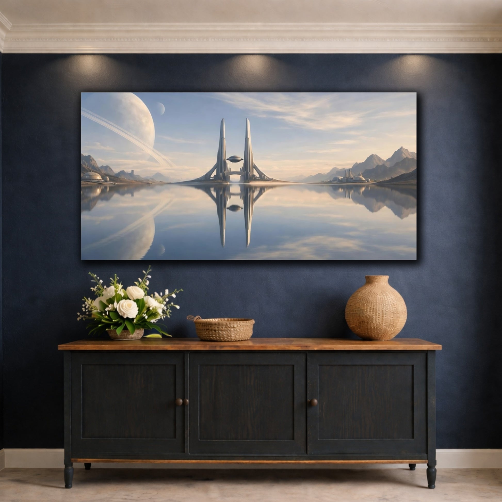 Mockup 4. Science Fiction Futuristic Cityscape Blue And Beige shown as stretched canvas wall art