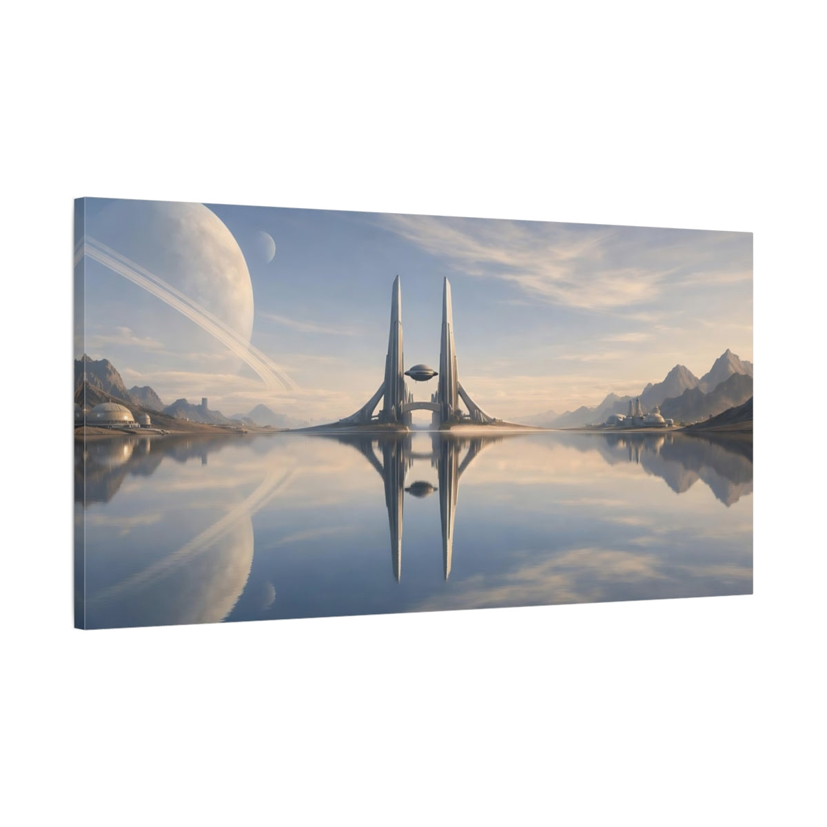 Side Mockup 1. Science Fiction Futuristic Cityscape Blue And Beige shown as stretched canvas wall art