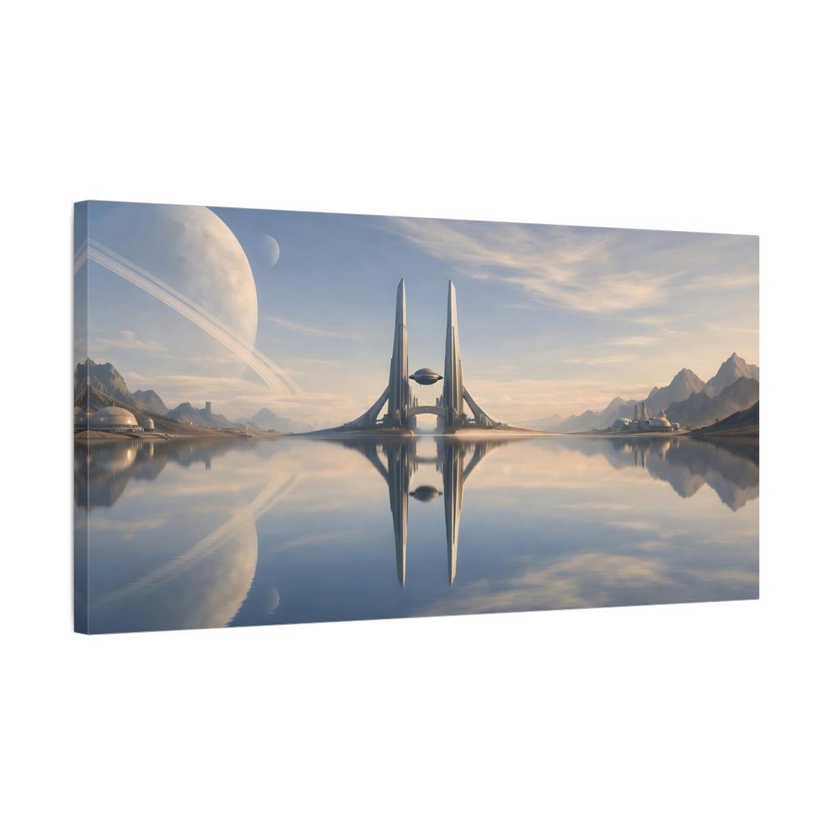Side Mockup 2. Science Fiction Futuristic Cityscape Blue And Beige shown as stretched canvas wall art