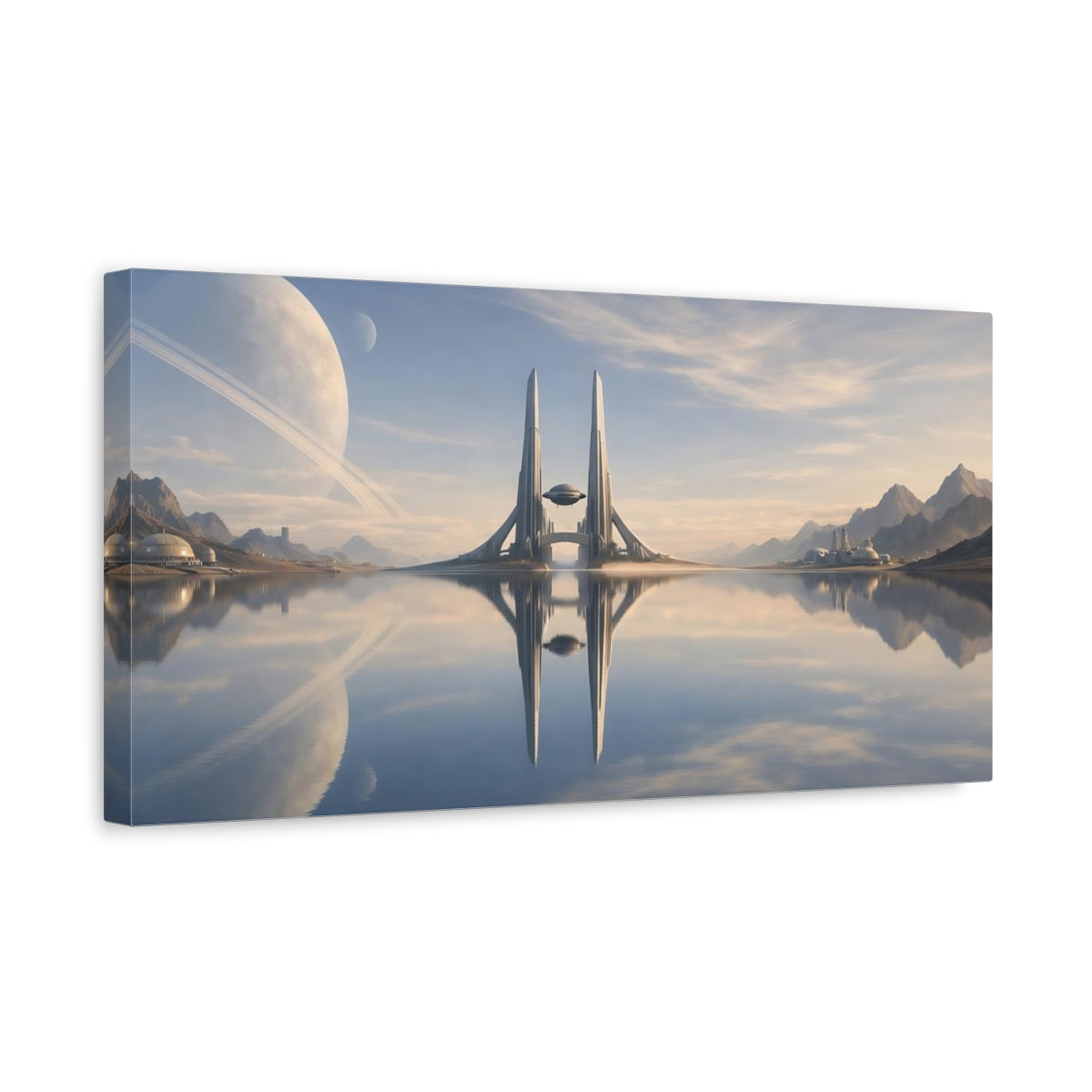 Side Mockup 3. Science Fiction Futuristic Cityscape Blue And Beige shown as stretched canvas wall art