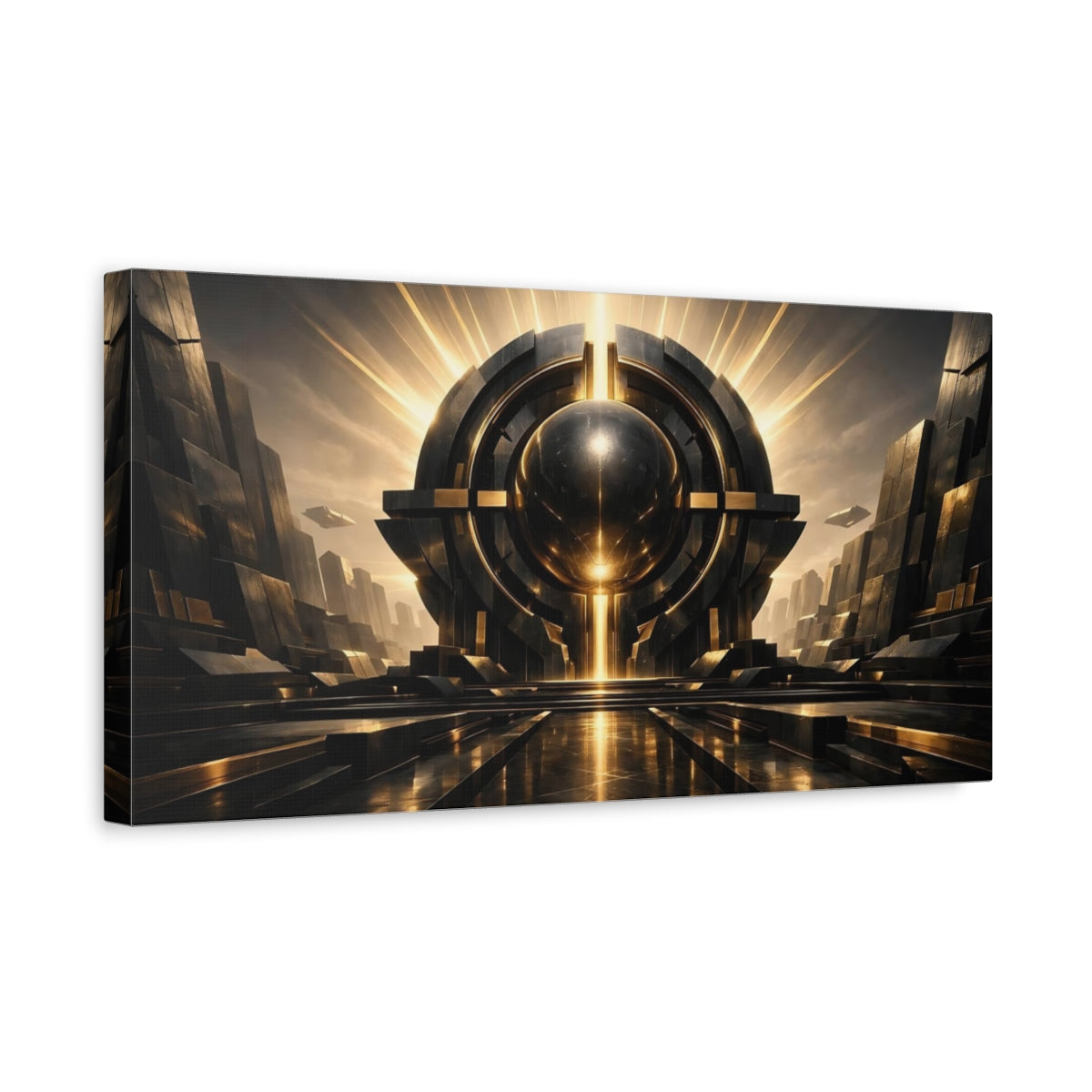 Side Mockup 3. Science Fiction Futuristic Orb Black And Gold Sci-Fi shown as stretched canvas wall art