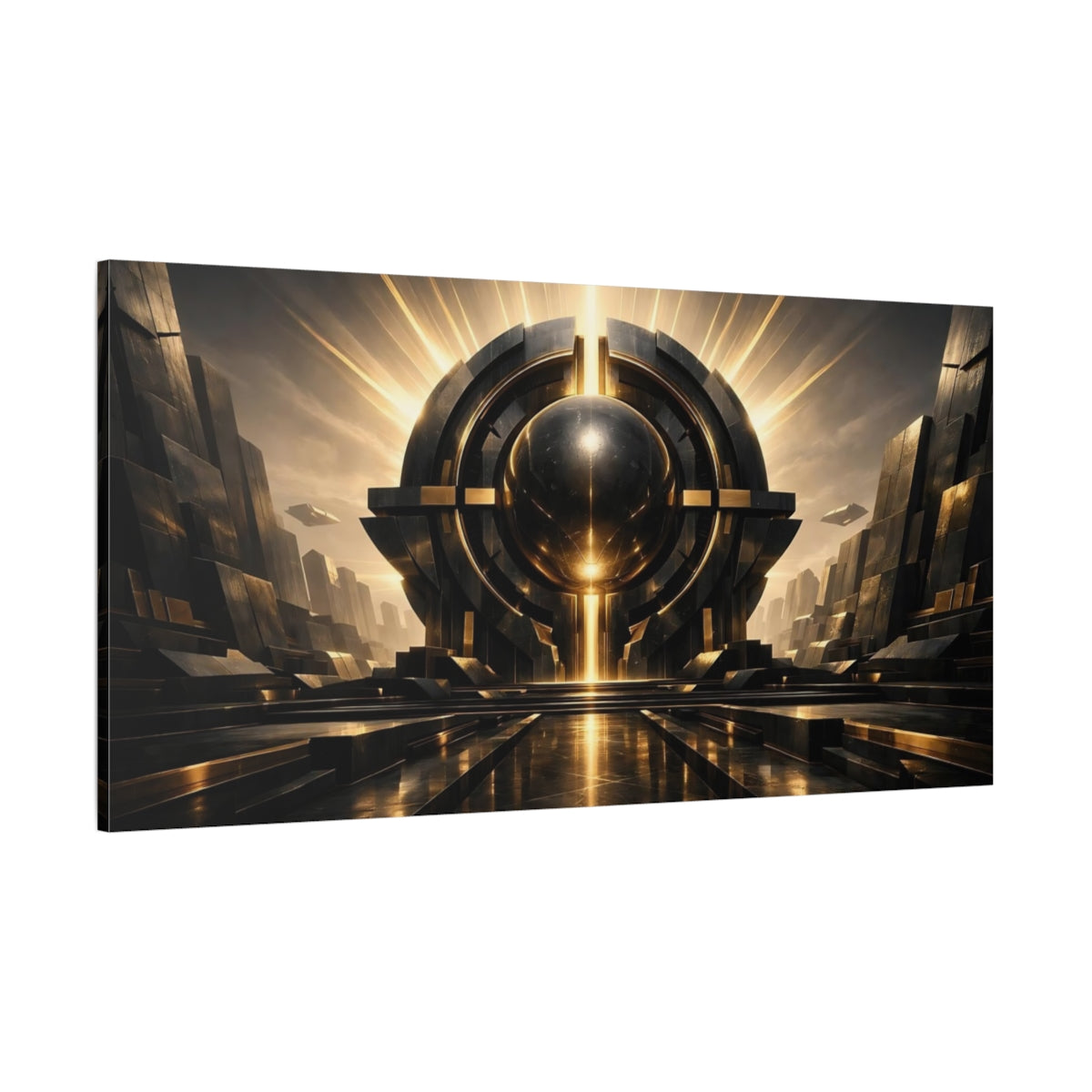 Main Mockup. Science Fiction Futuristic Orb Black And Gold Sci-Fi shown as stretched canvas wall art
