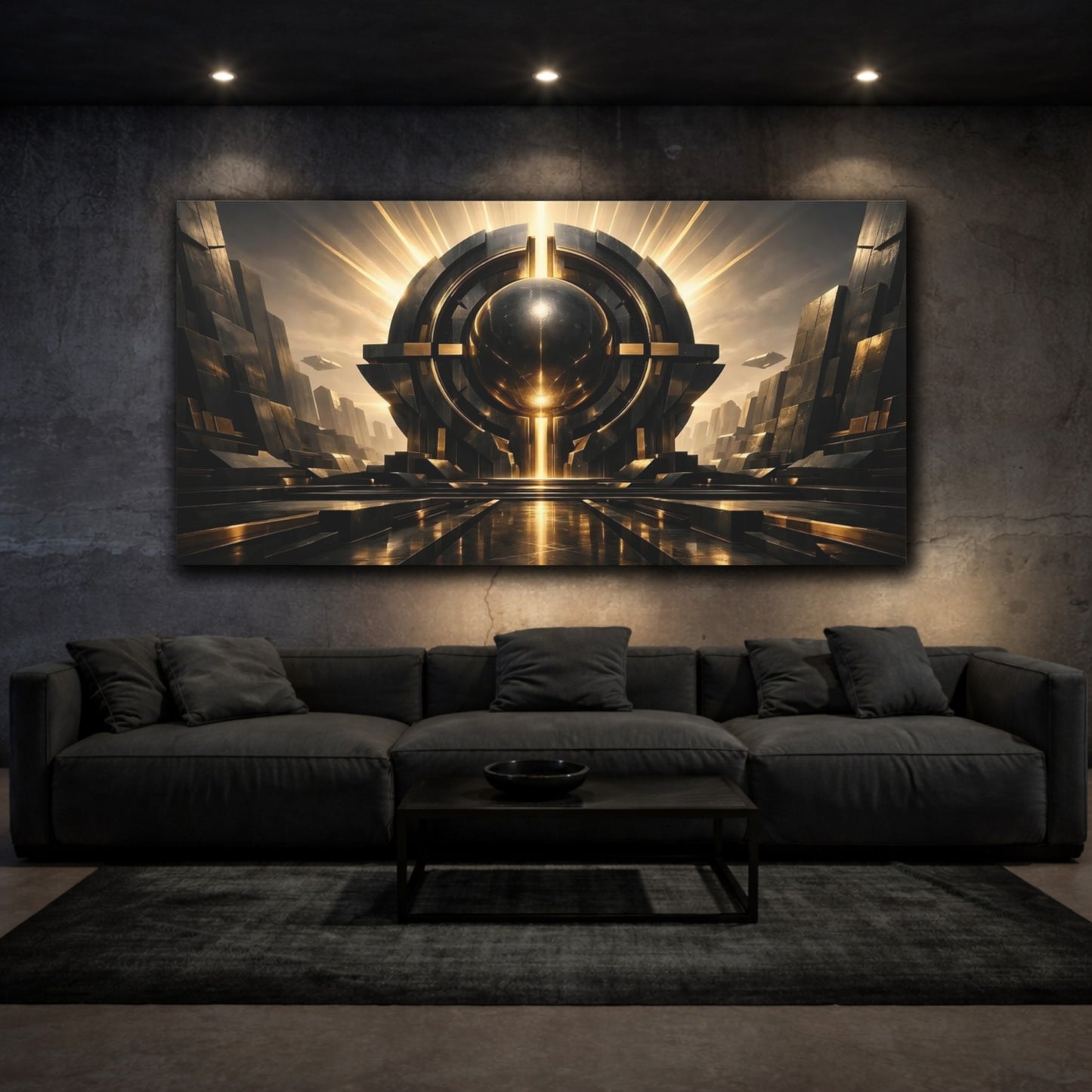 Mockup 2. Science Fiction Futuristic Orb Black And Gold Sci-Fi shown as stretched canvas wall art