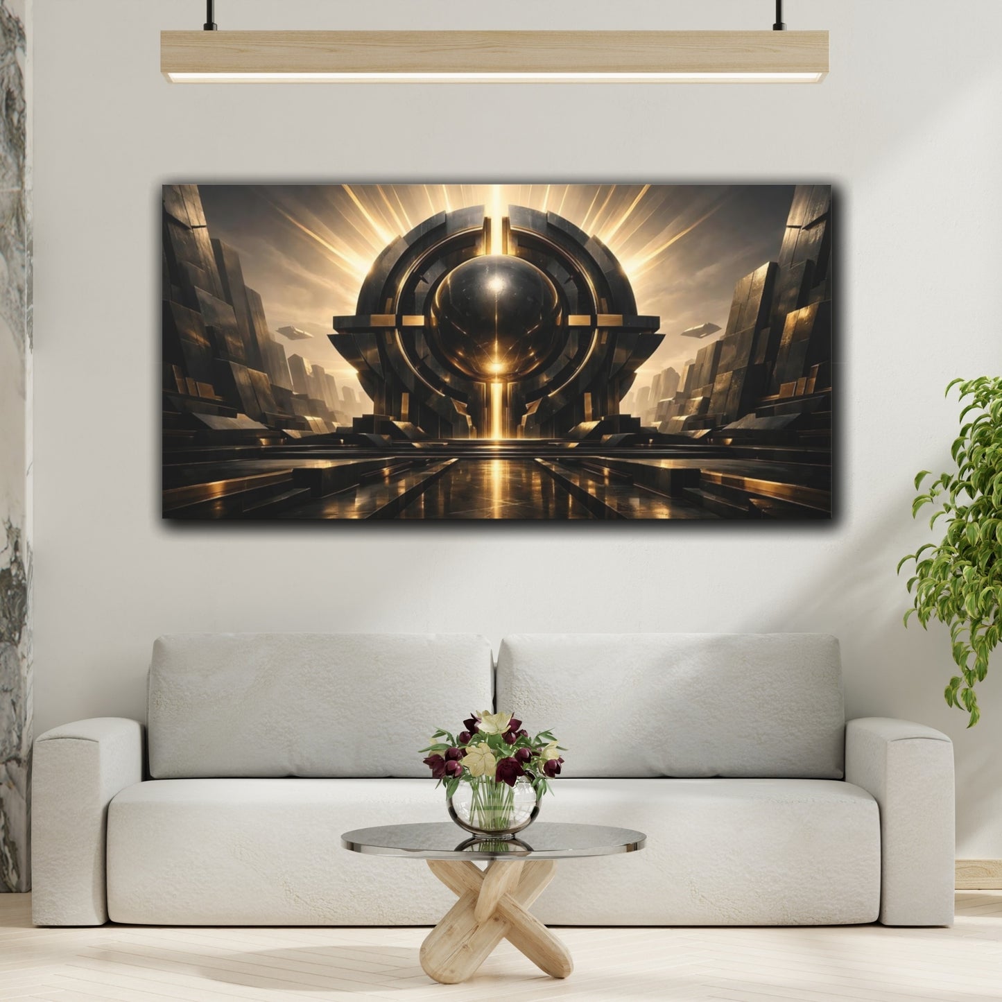 Mockup 3. Science Fiction Futuristic Orb Black And Gold Sci-Fi shown as stretched canvas wall art