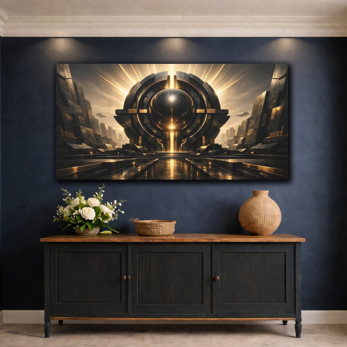 Mockup 4. Science Fiction Futuristic Orb Black And Gold Sci-Fi shown as stretched canvas wall art