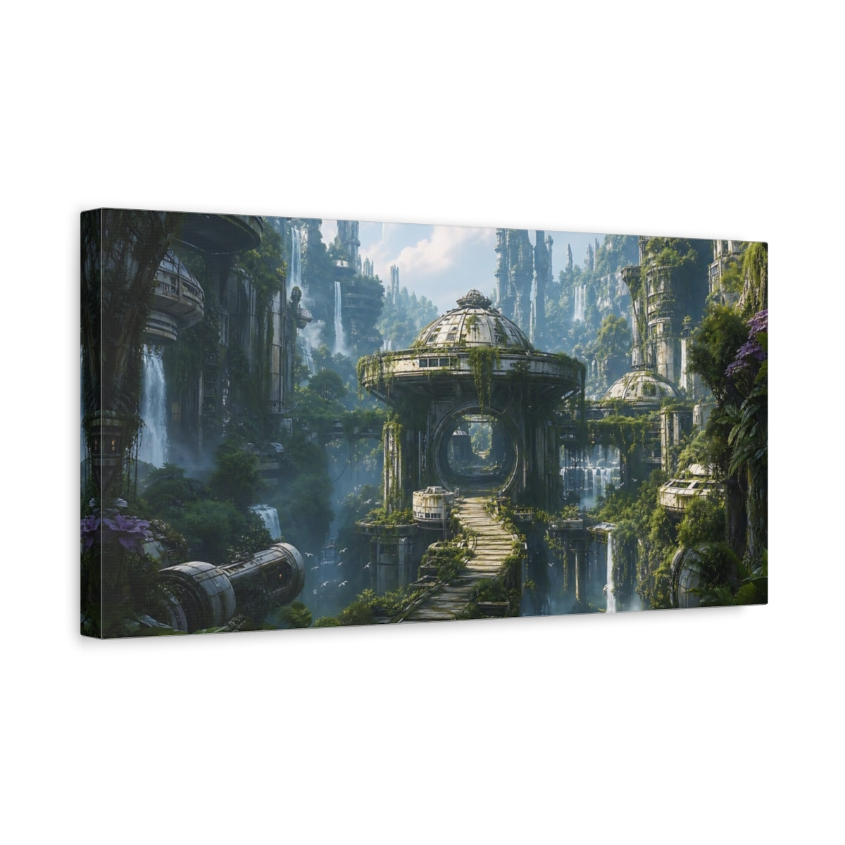 Side Mockup 3. Science Fiction Futuristic Ruins Green And Grey shown as stretched canvas wall art
