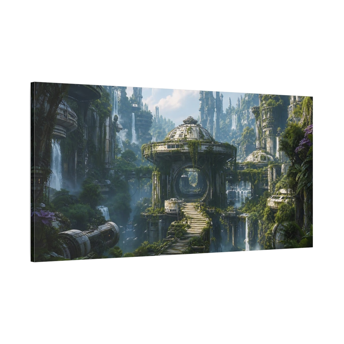 Side Mockup 2. Science Fiction Futuristic Ruins Green And Grey shown as stretched canvas wall art