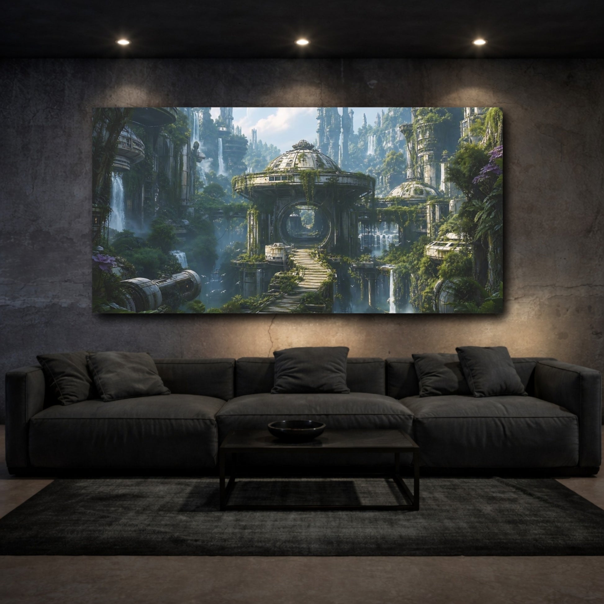 Mockup 2. Science Fiction Futuristic Ruins Green And Grey shown as stretched canvas wall art