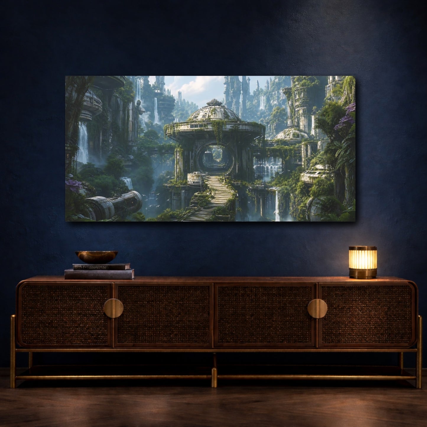Mockup 3. Science Fiction Futuristic Ruins Green And Grey shown as stretched canvas wall art