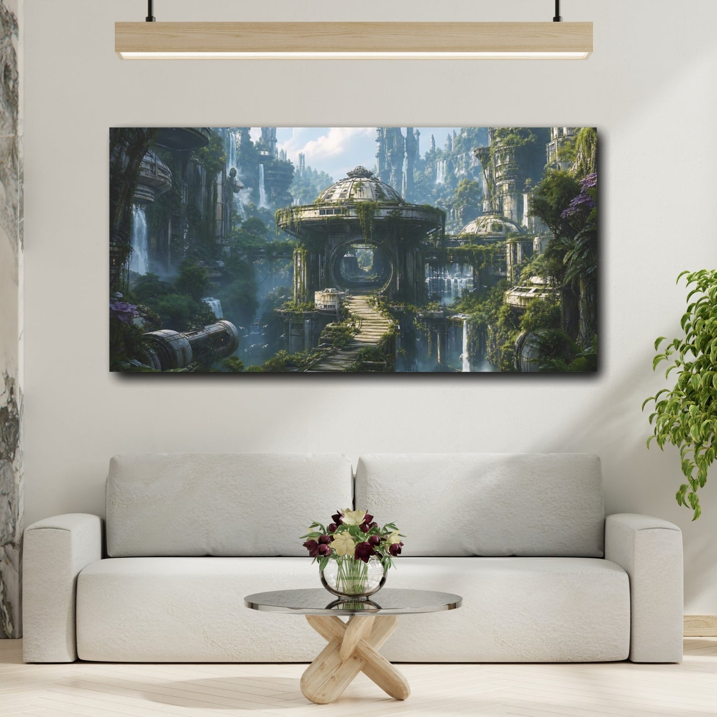 Mockup 4. Science Fiction Futuristic Ruins Green And Grey shown as stretched canvas wall art
