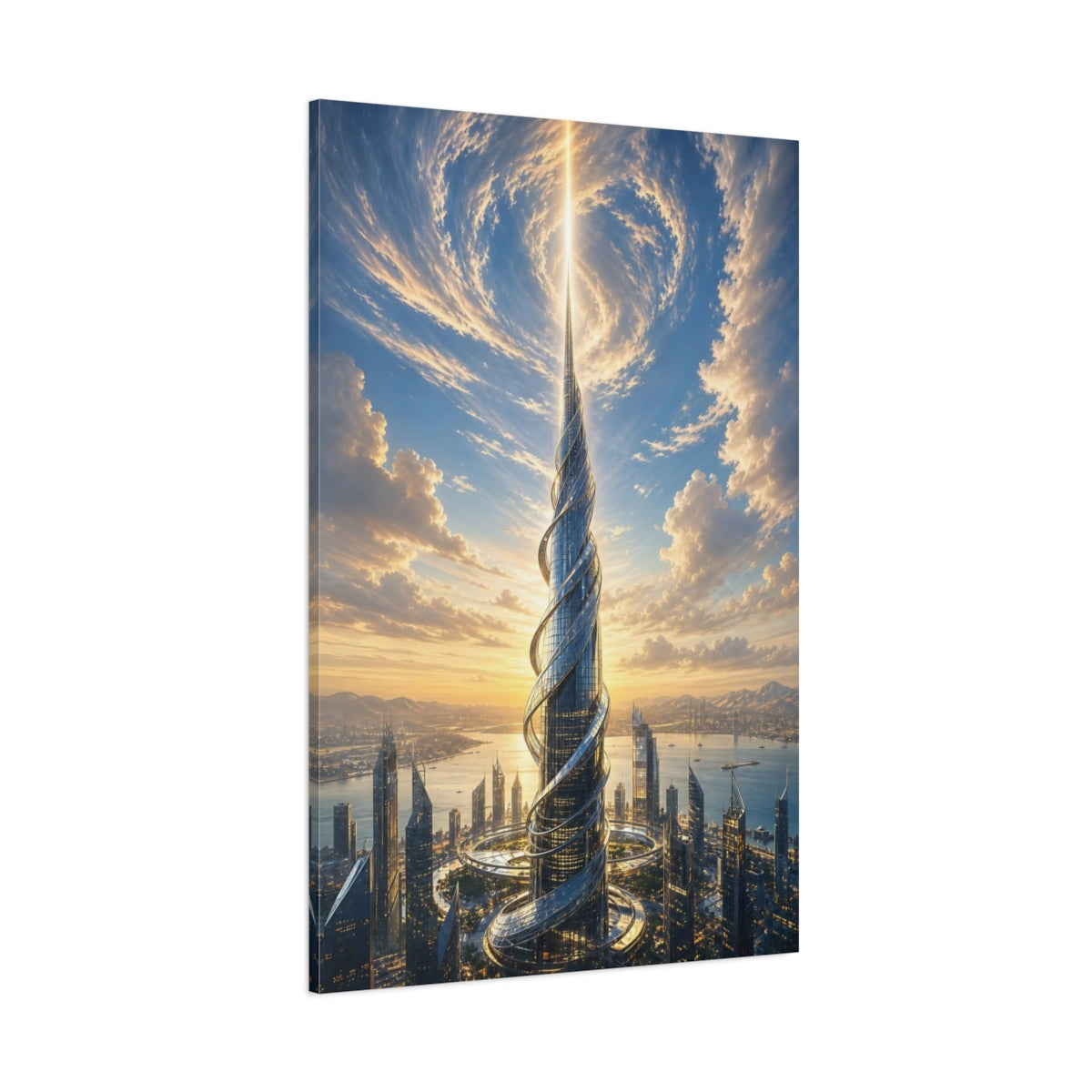Side Mockup 1. Science Fiction Futuristic Skyscraper Futuristic Cityscape shown as stretched canvas wall art