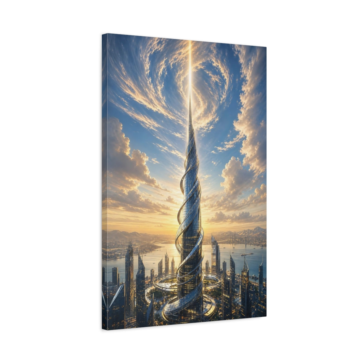 Side Mockup 2. Science Fiction Futuristic Skyscraper Futuristic Cityscape shown as stretched canvas wall art