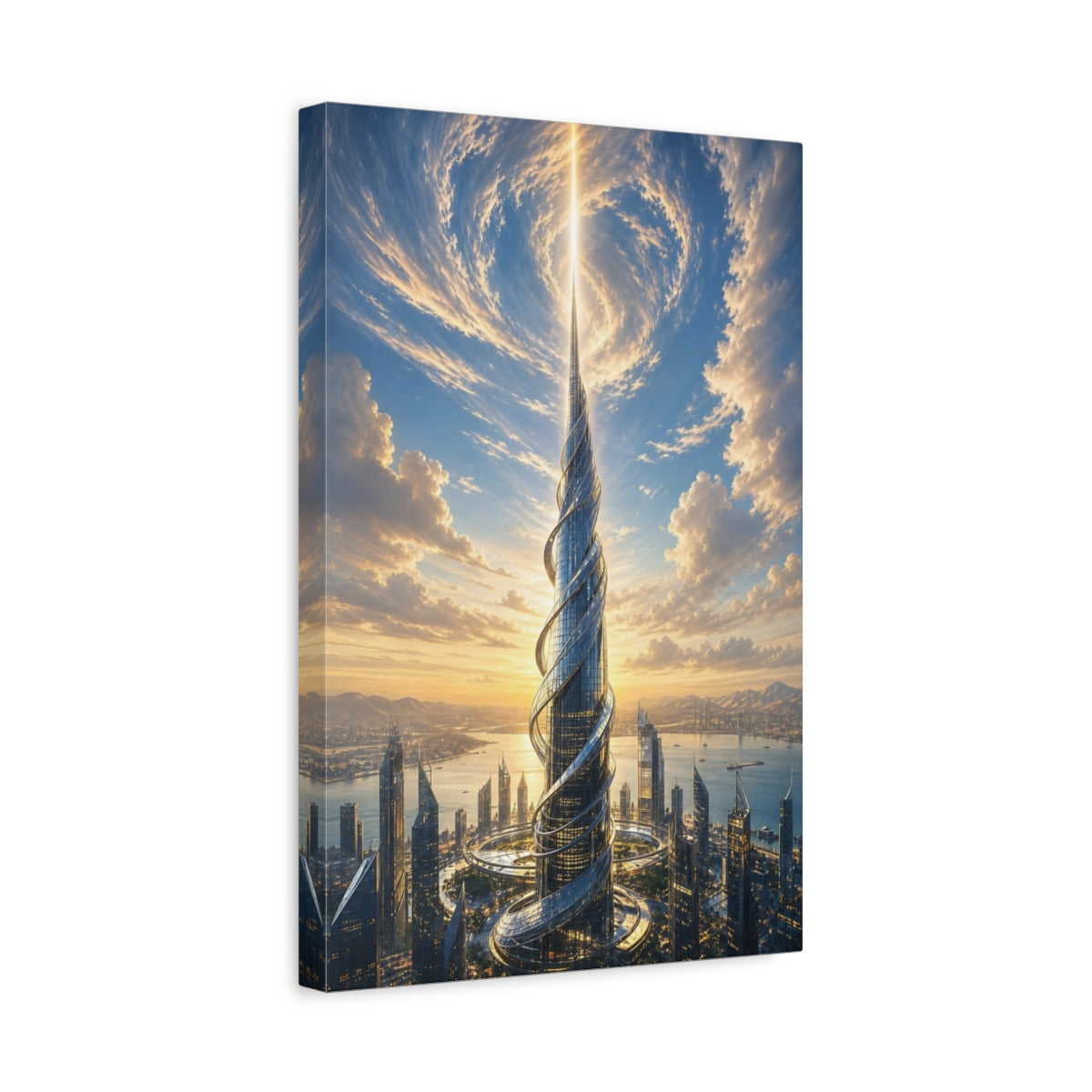 Side Mockup 4. Science Fiction Futuristic Skyscraper Futuristic Cityscape shown as stretched canvas wall art