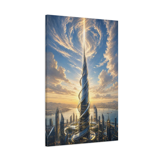 Main Mockup. Science Fiction Futuristic Skyscraper Futuristic Cityscape shown as stretched canvas wall art