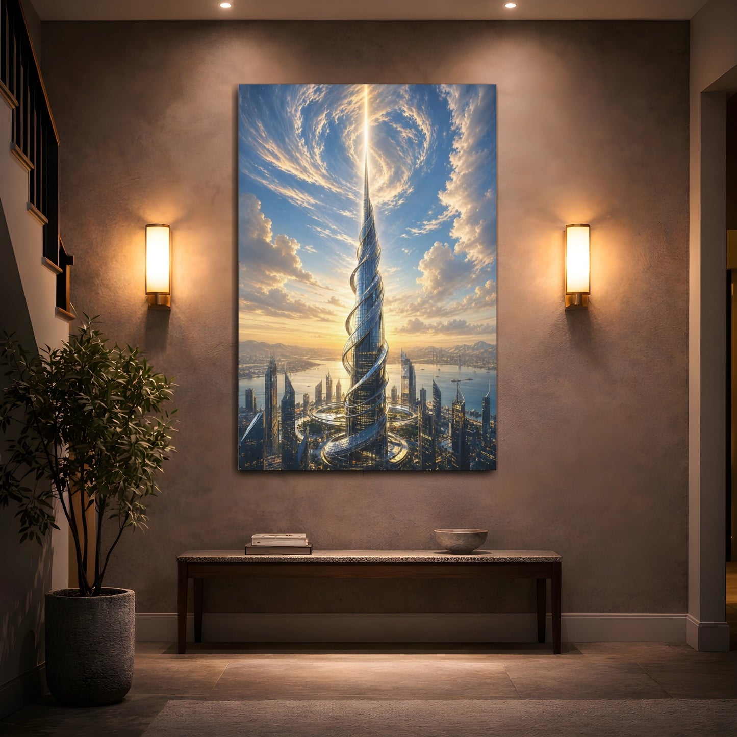 Mockup 2. Science Fiction Futuristic Skyscraper Futuristic Cityscape shown as stretched canvas wall art