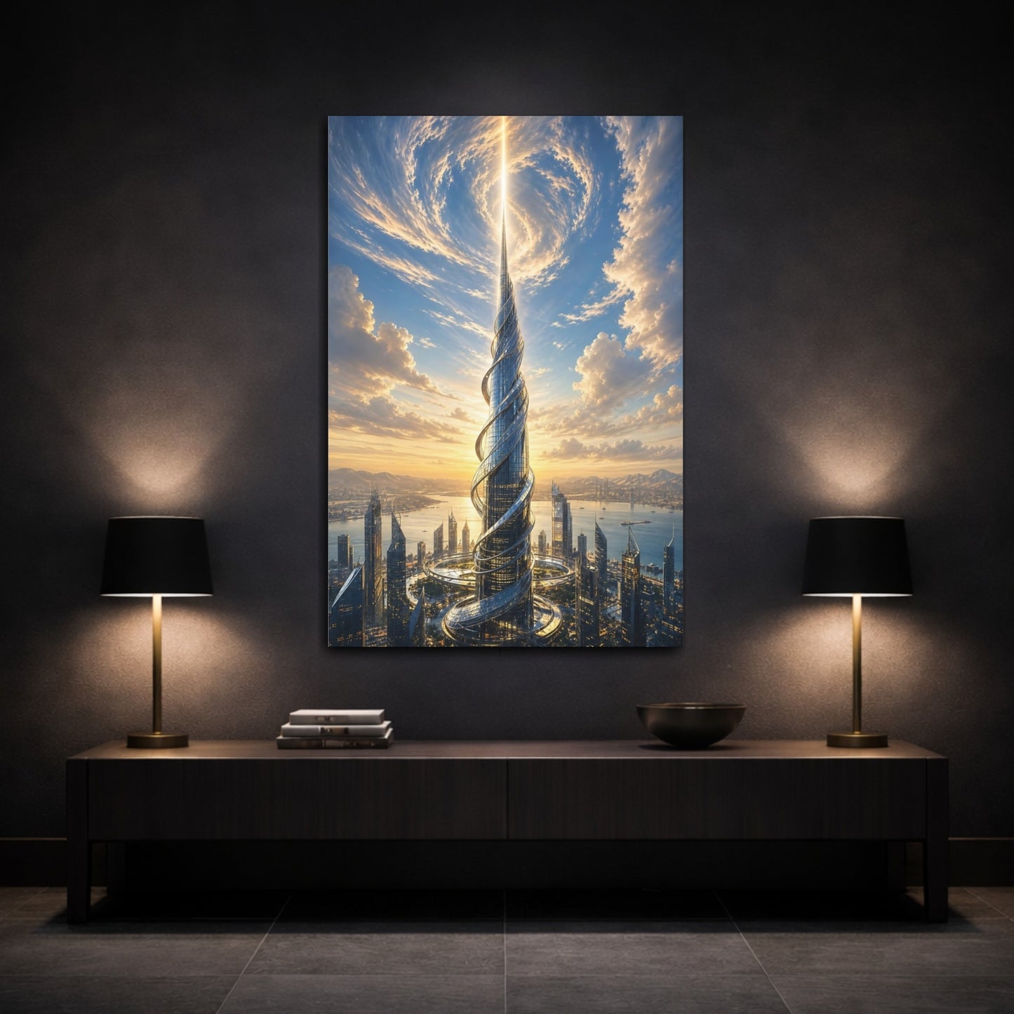 Mockup 3. Science Fiction Futuristic Skyscraper Futuristic Cityscape shown as stretched canvas wall art