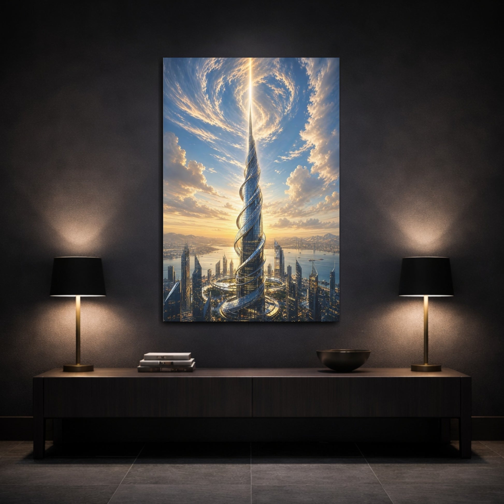 Mockup 3. Science Fiction Futuristic Skyscraper Futuristic Cityscape shown as stretched canvas wall art