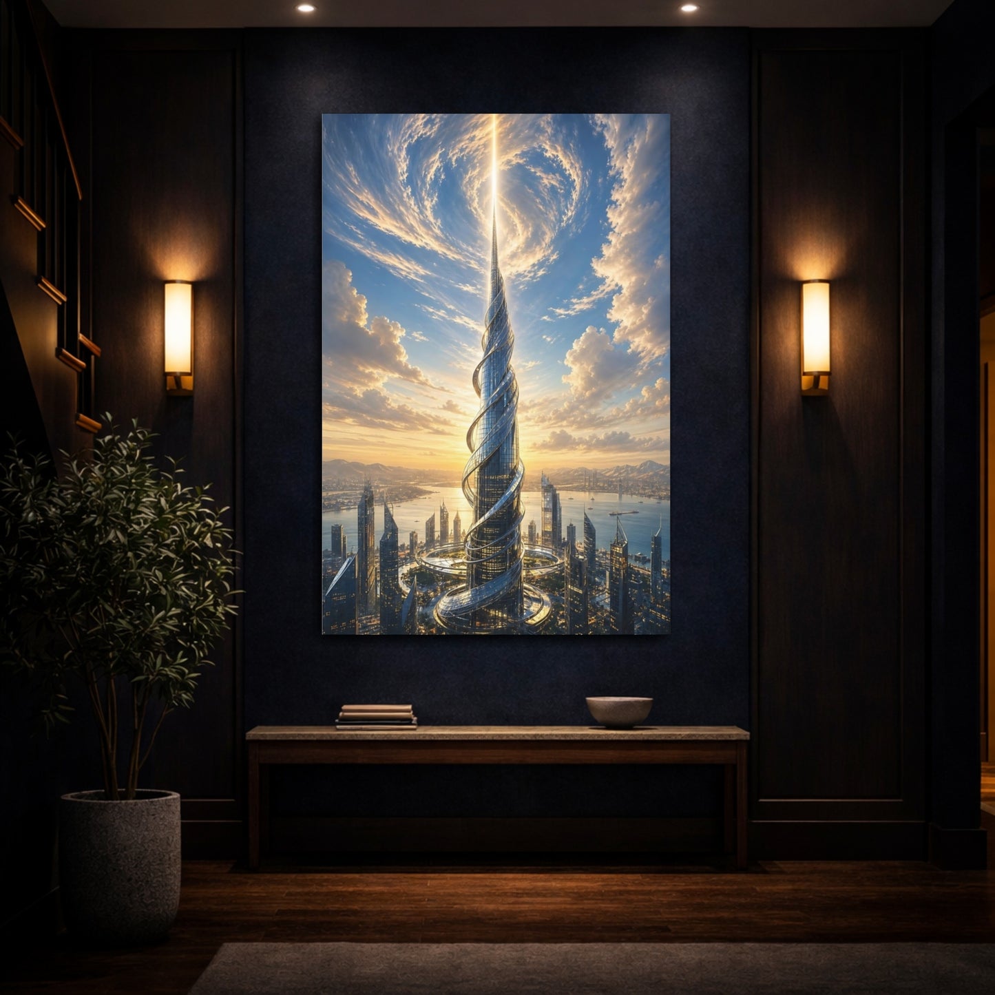 Mockup 4. Science Fiction Futuristic Skyscraper Futuristic Cityscape shown as stretched canvas wall art